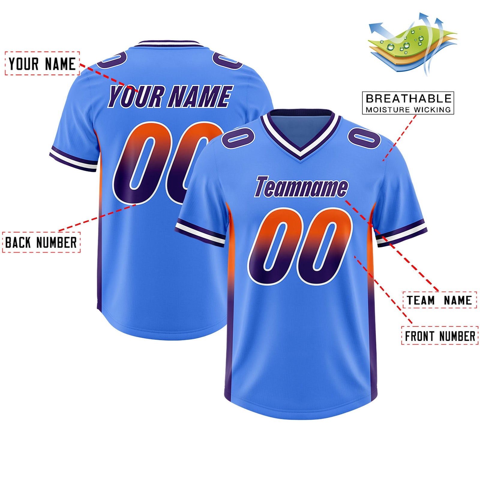 Custom Powder Blue Orange and Purple Sides Gradient Fashion Personalized Team Football Jersey