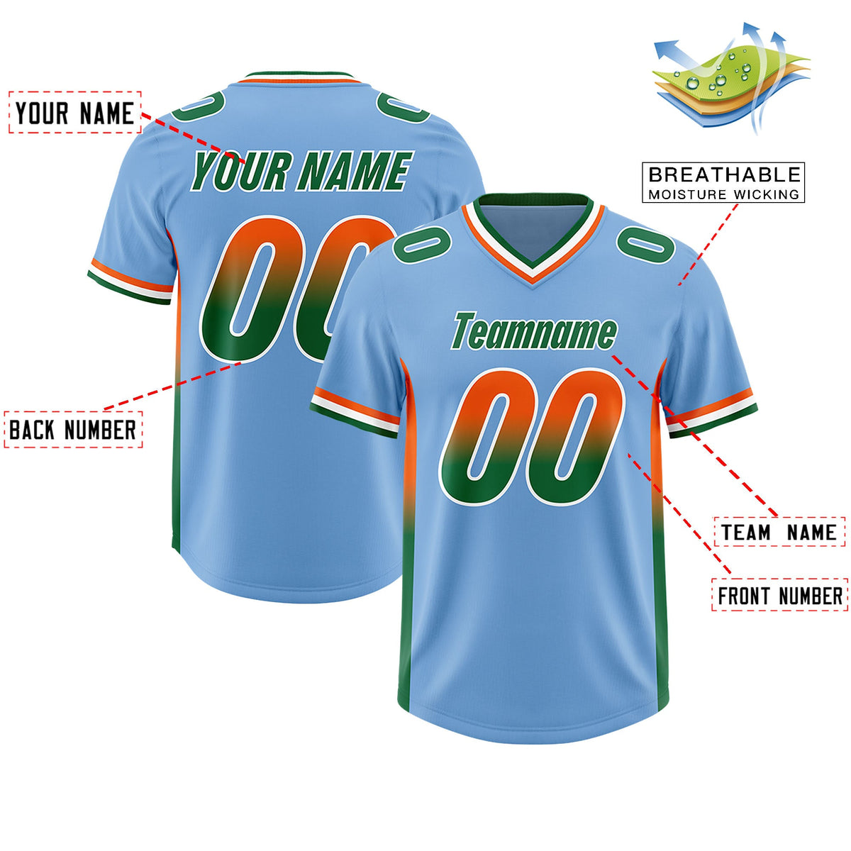 Custom Powder Blue Orange and Kelly Green Sides Gradient Fashion Personalized Team Football Jersey