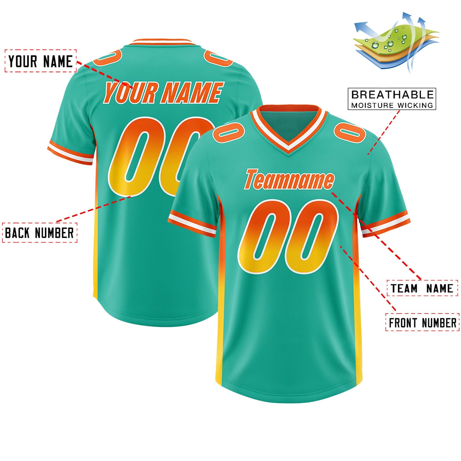 Custom Bright Green Orange and Gold Sides Gradient Fashion Personalized Team Football Jersey