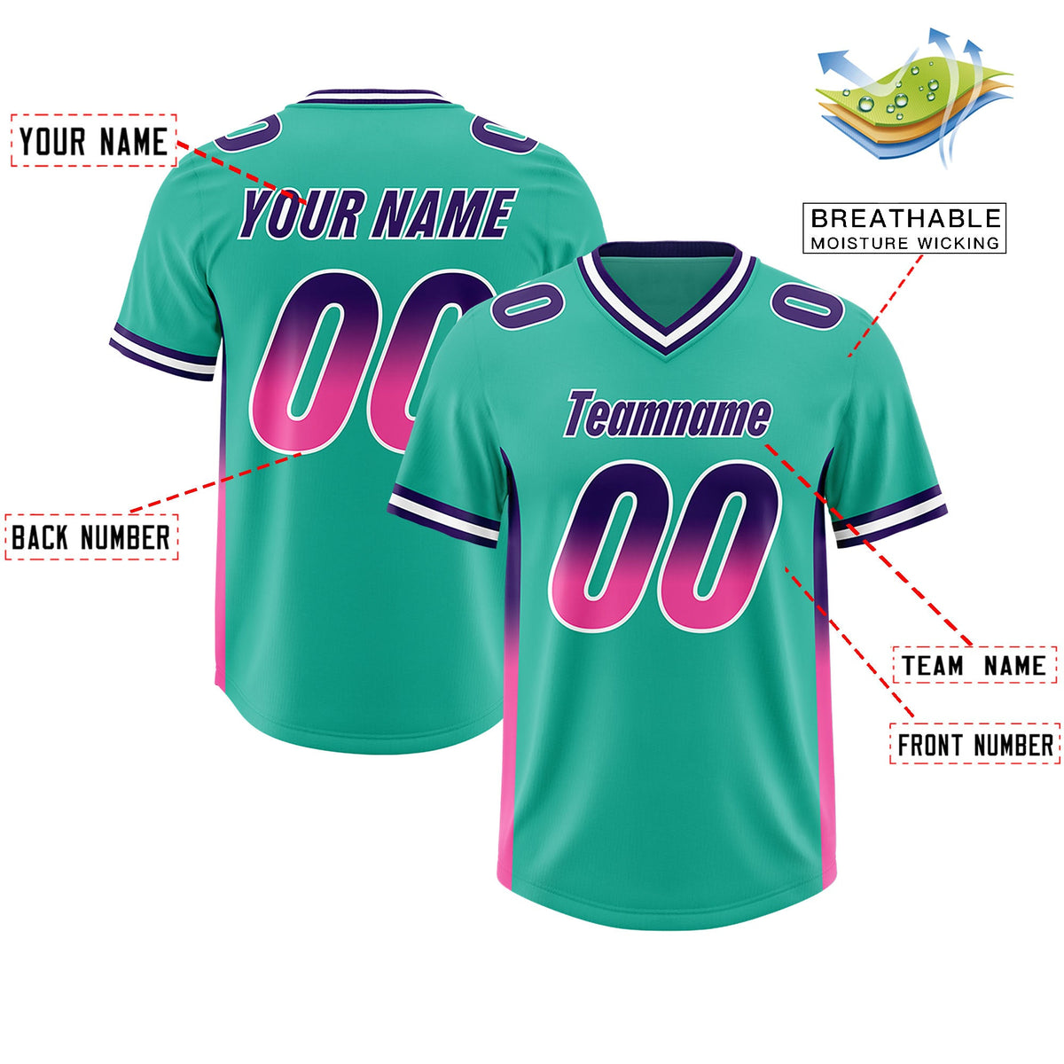 Custom Bright Green Purple and Pink Sides Gradient Fashion Personalized Team Football Jersey