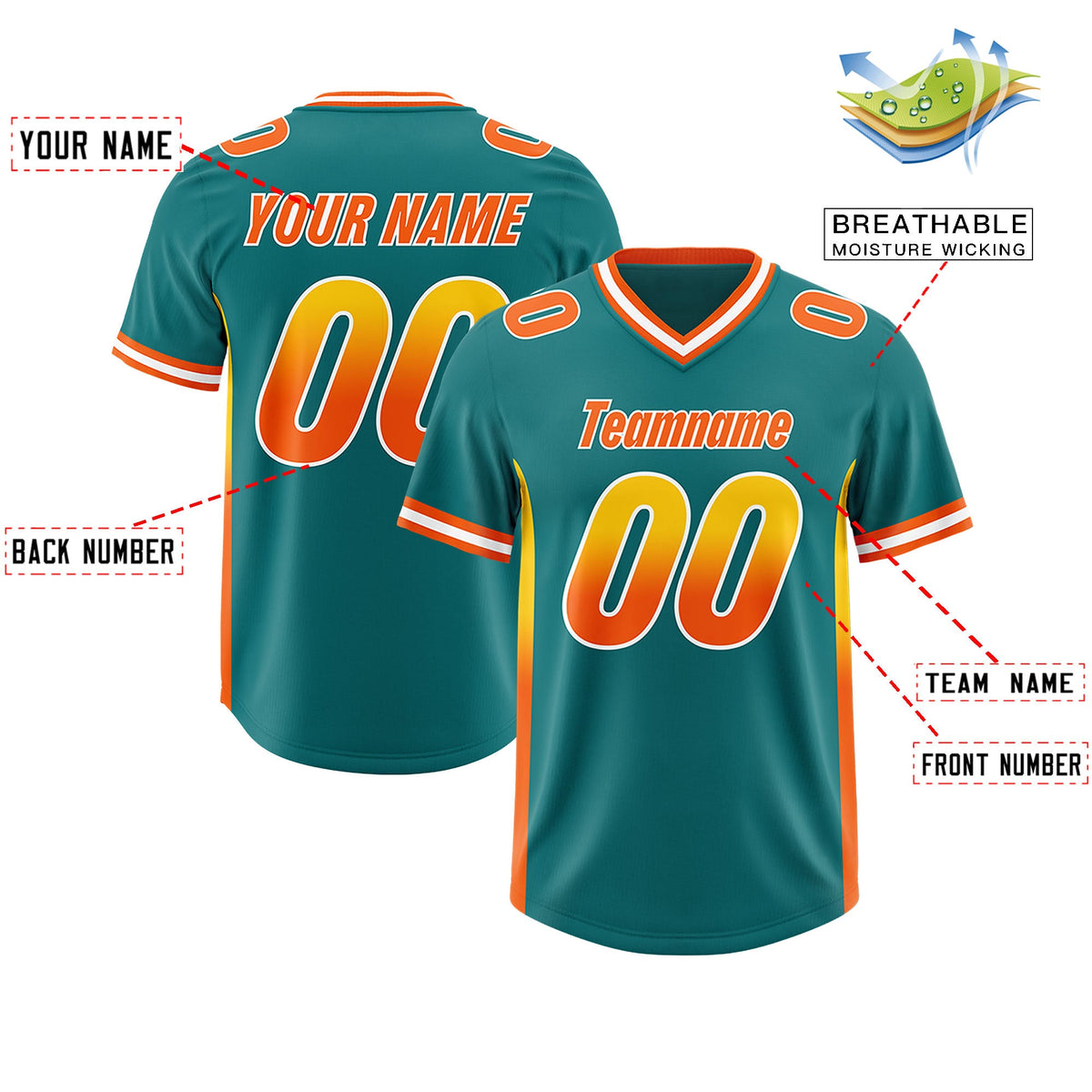 Custom Aqua Gold Sides Gradient Fashion Personalized Team Football Jersey