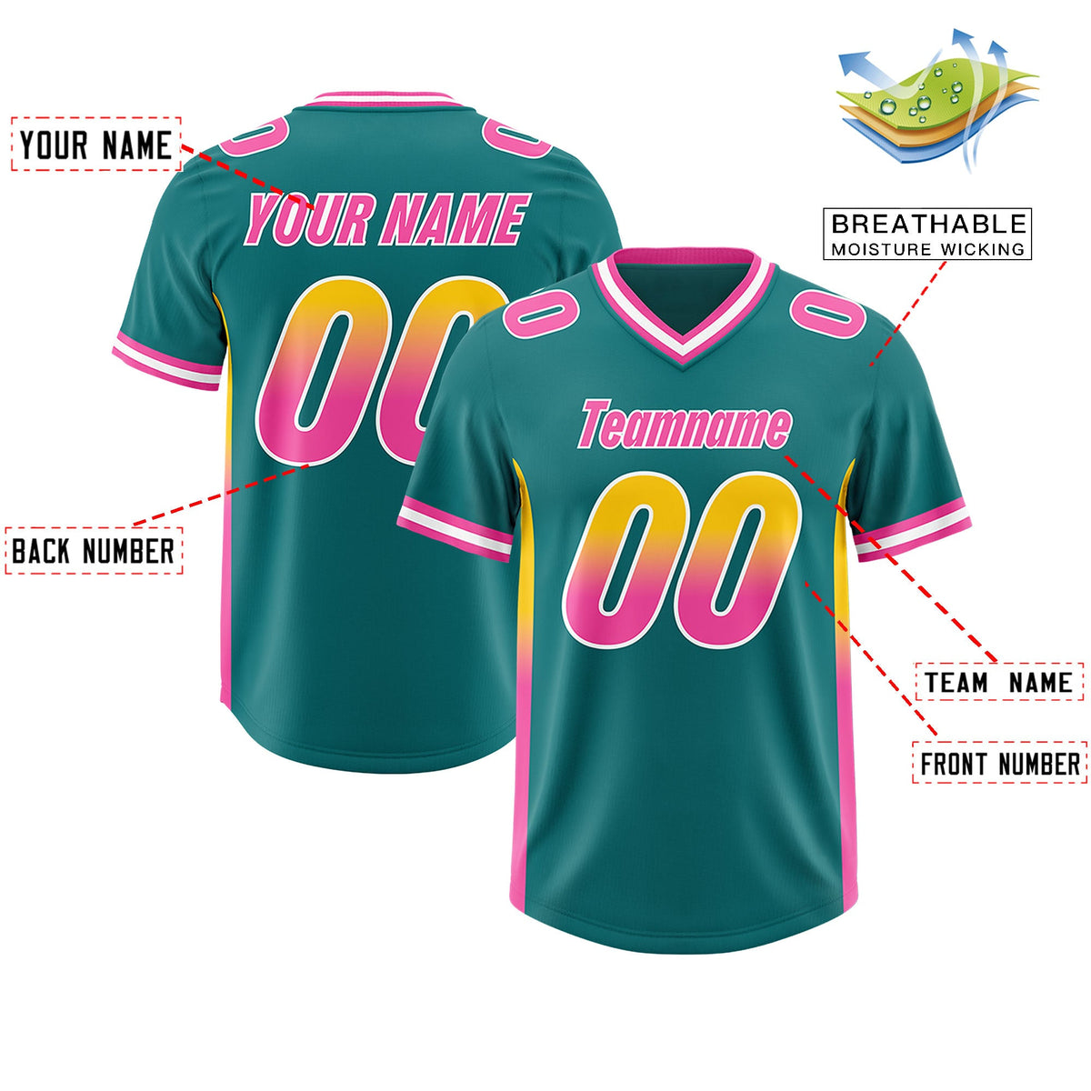 Custom Aqua Gold Sides Gradient Fashion Personalized Team Football Jersey