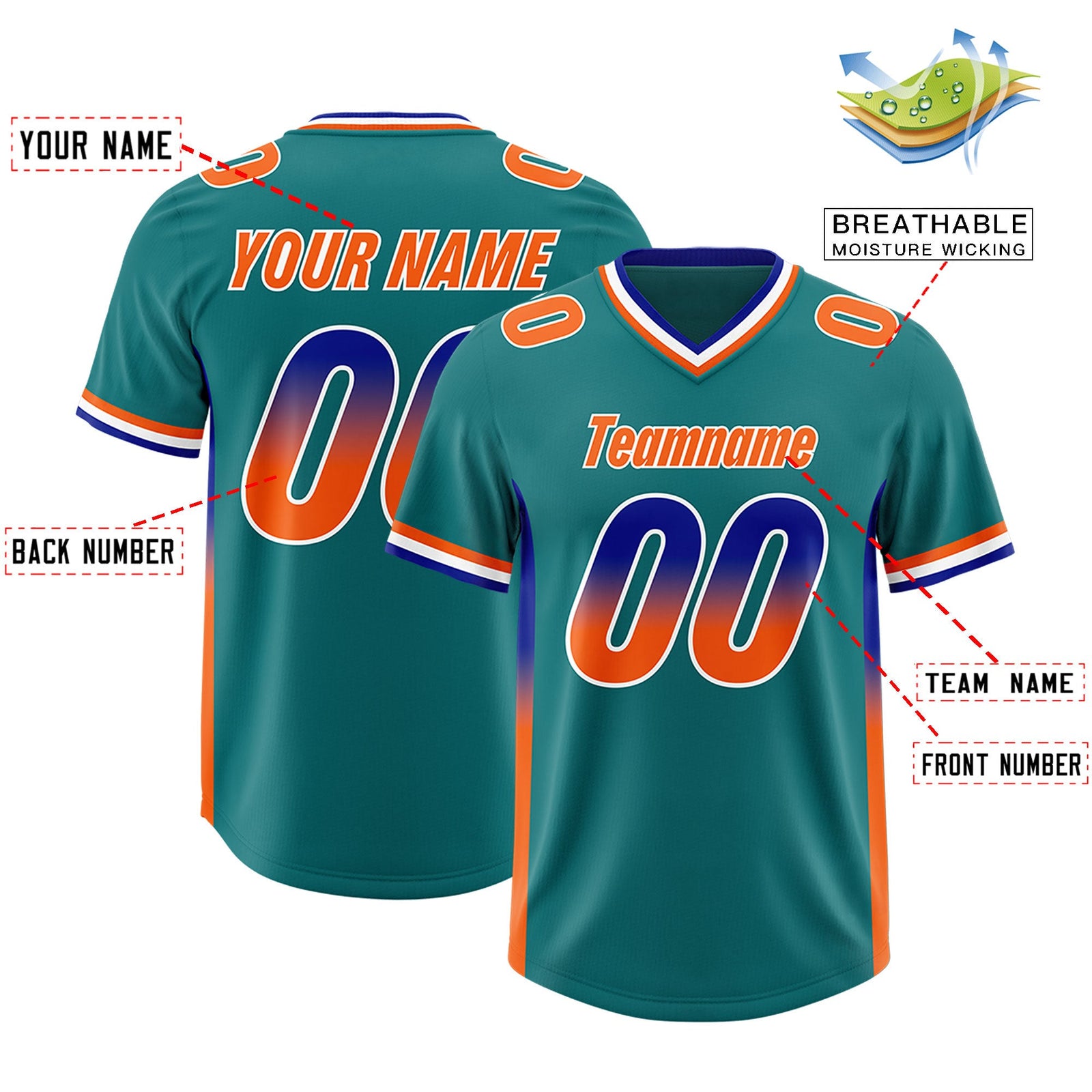 Custom Aqua Royal and Orange Sides Gradient Fashion Personalized Team Football Jersey