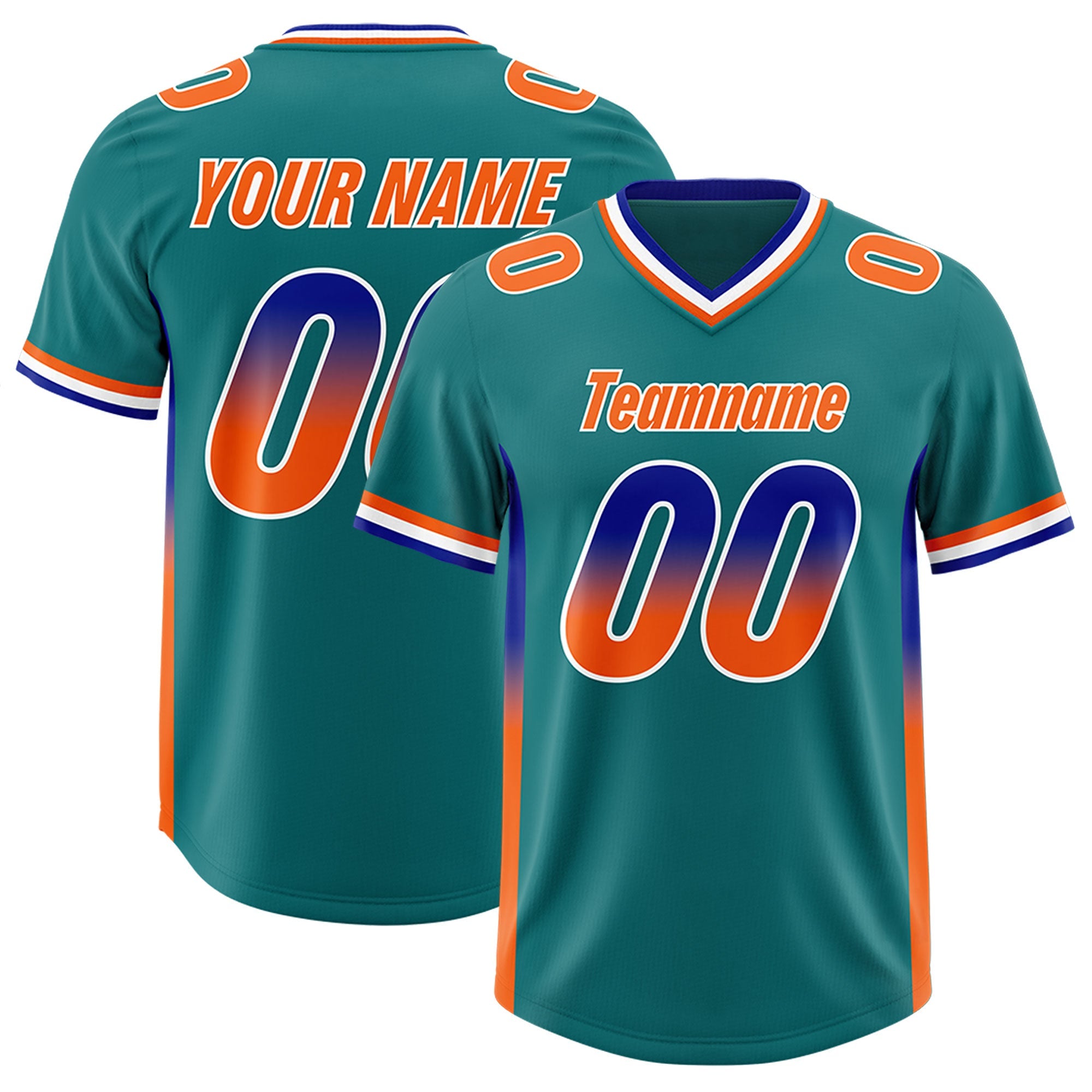Custom Aqua Royal and Orange Sides Gradient Fashion Personalized Team Football Jersey