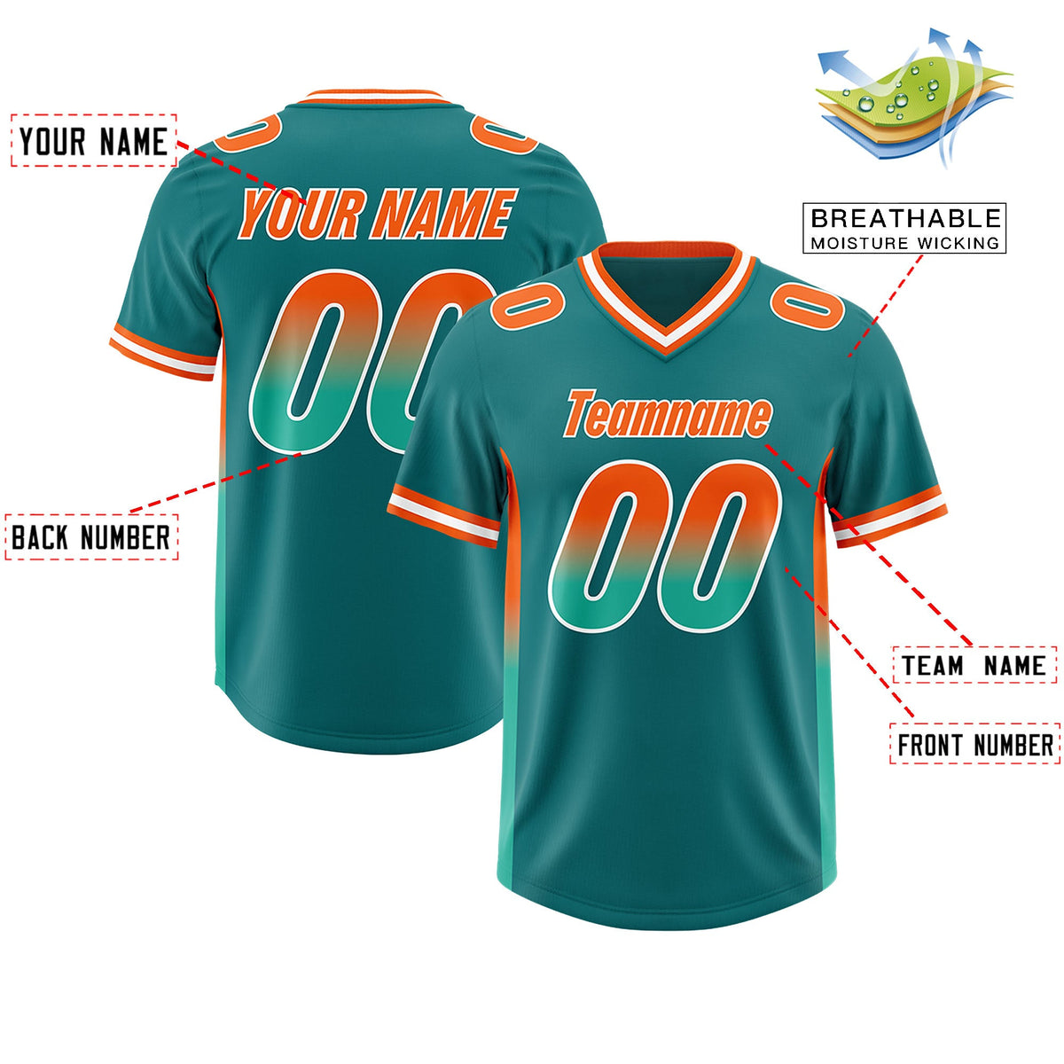 Custom Aqua Orange and Bright Green Sides Gradient Fashion Personalized Team Football Jersey