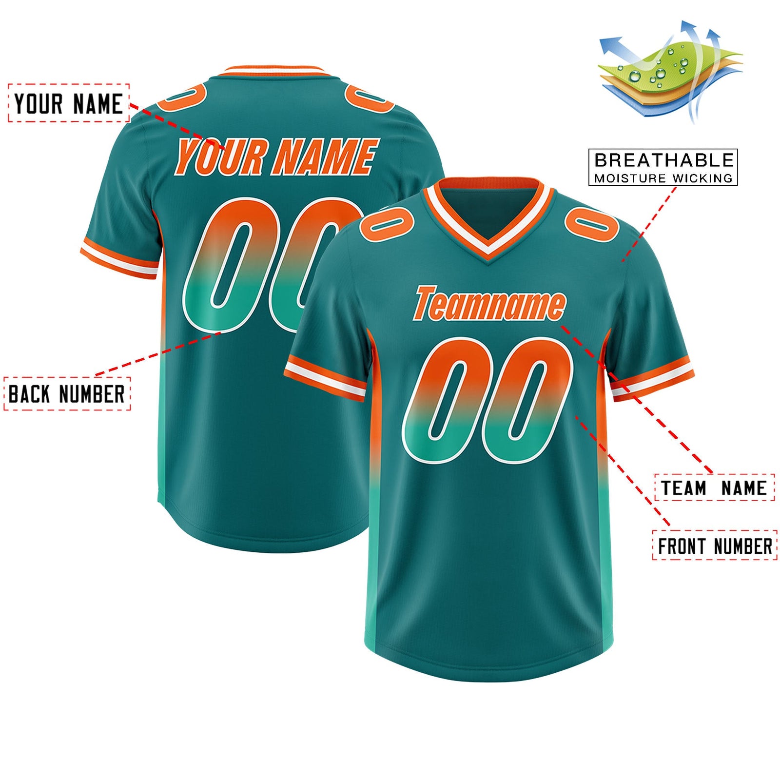 Custom Aqua Orange and Bright Green Sides Gradient Fashion Personalized Team Football Jersey