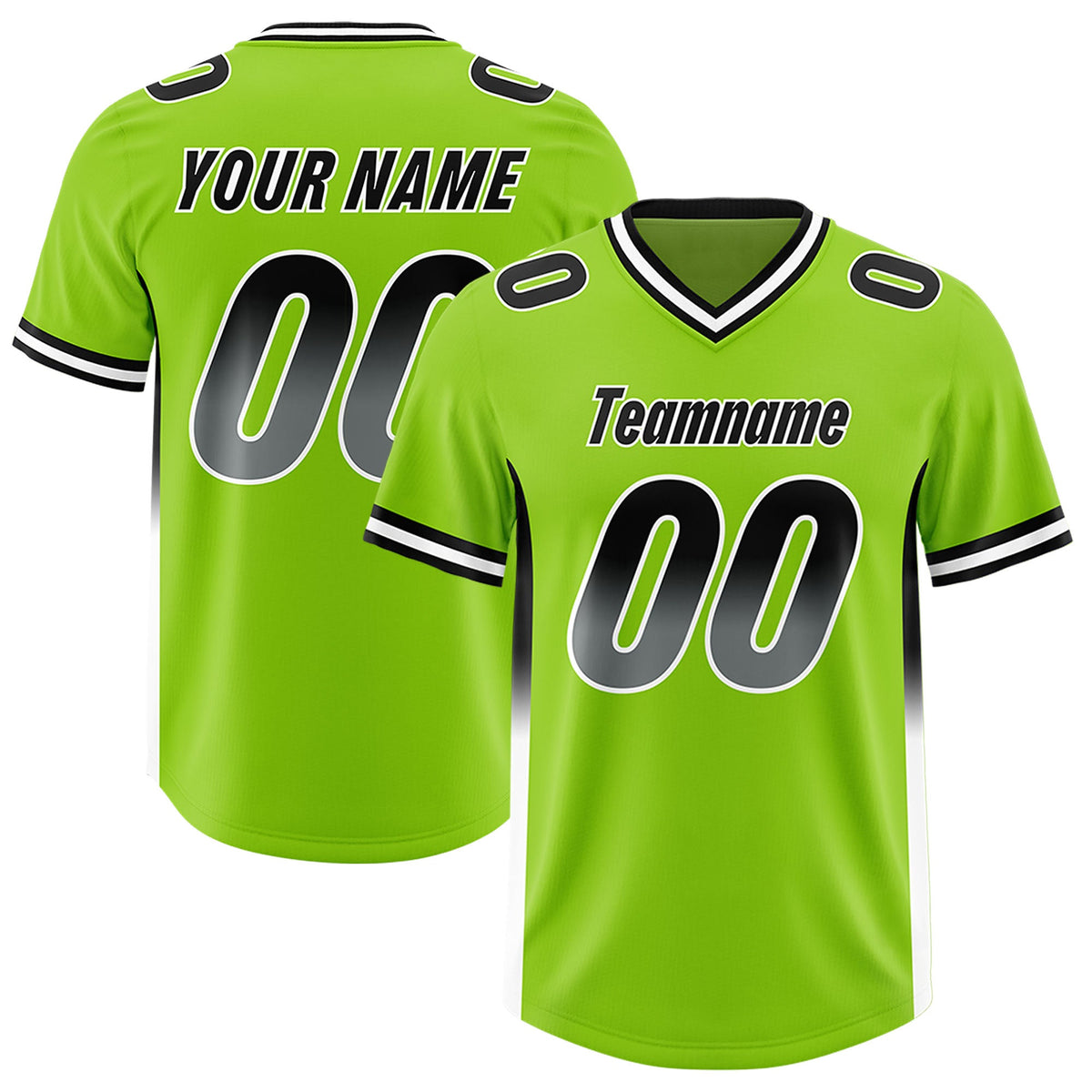 Custom Neon Green Black and White Sides Gradient Fashion Personalized Team Football Jersey