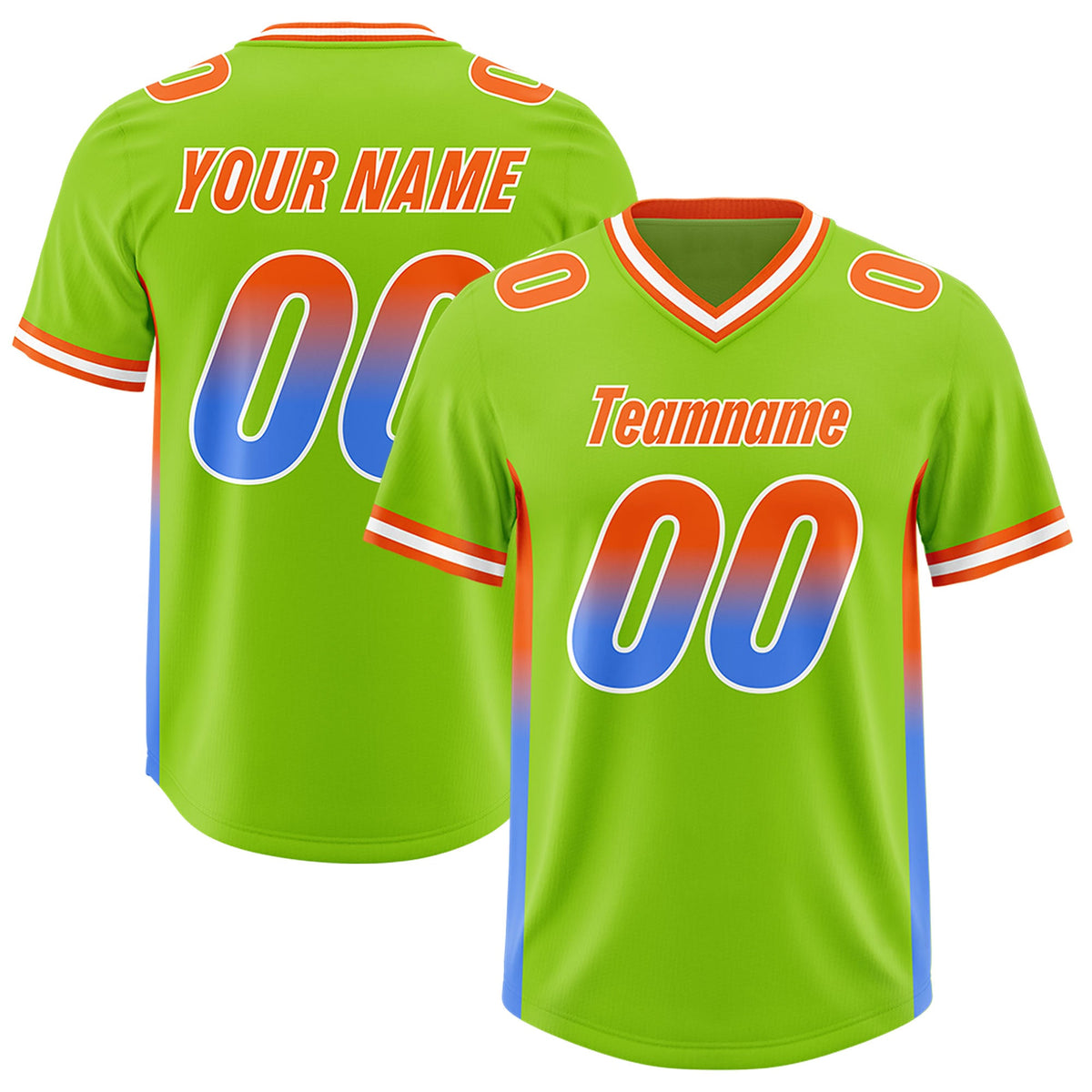 Custom Neon Green Orange and Powder Blue Sides Gradient Fashion Personalized Team Football Jersey