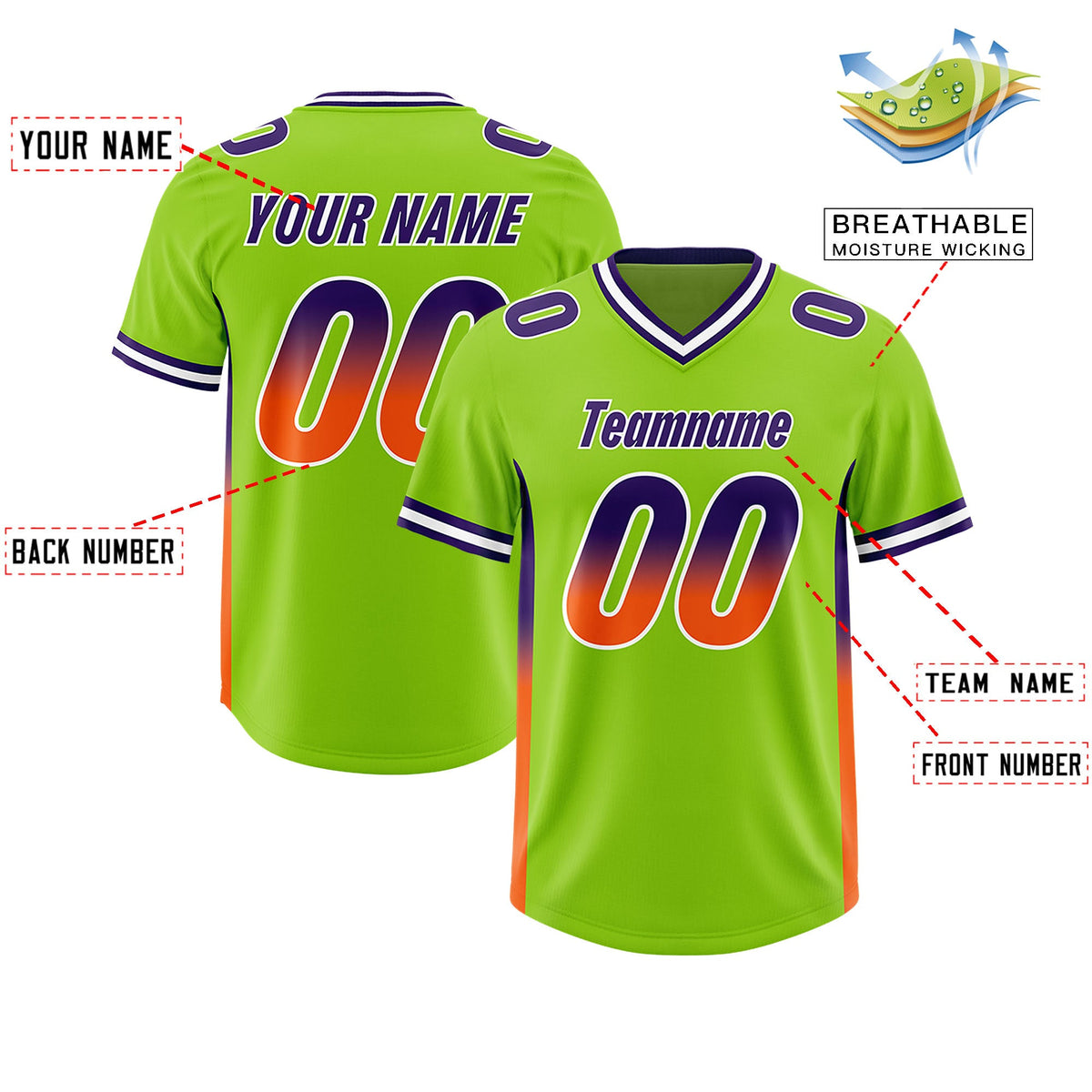Custom Neon Green Purple and Orange Sides Gradient Fashion Personalized Team Football Jersey