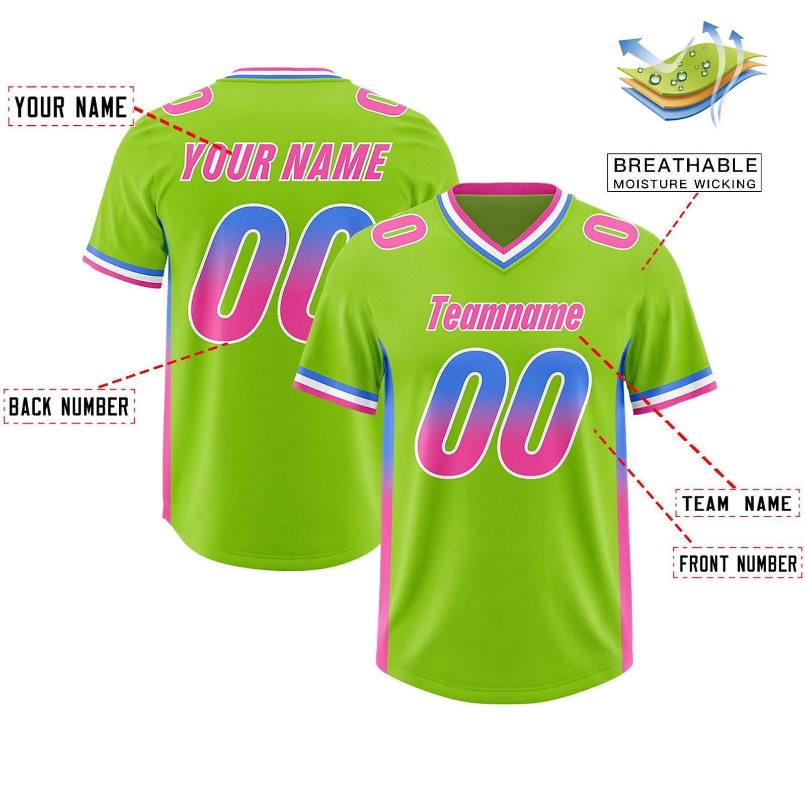 Custom Neon Green Powder Blue and Pink Sides Gradient Fashion Personalized Team Football Jersey