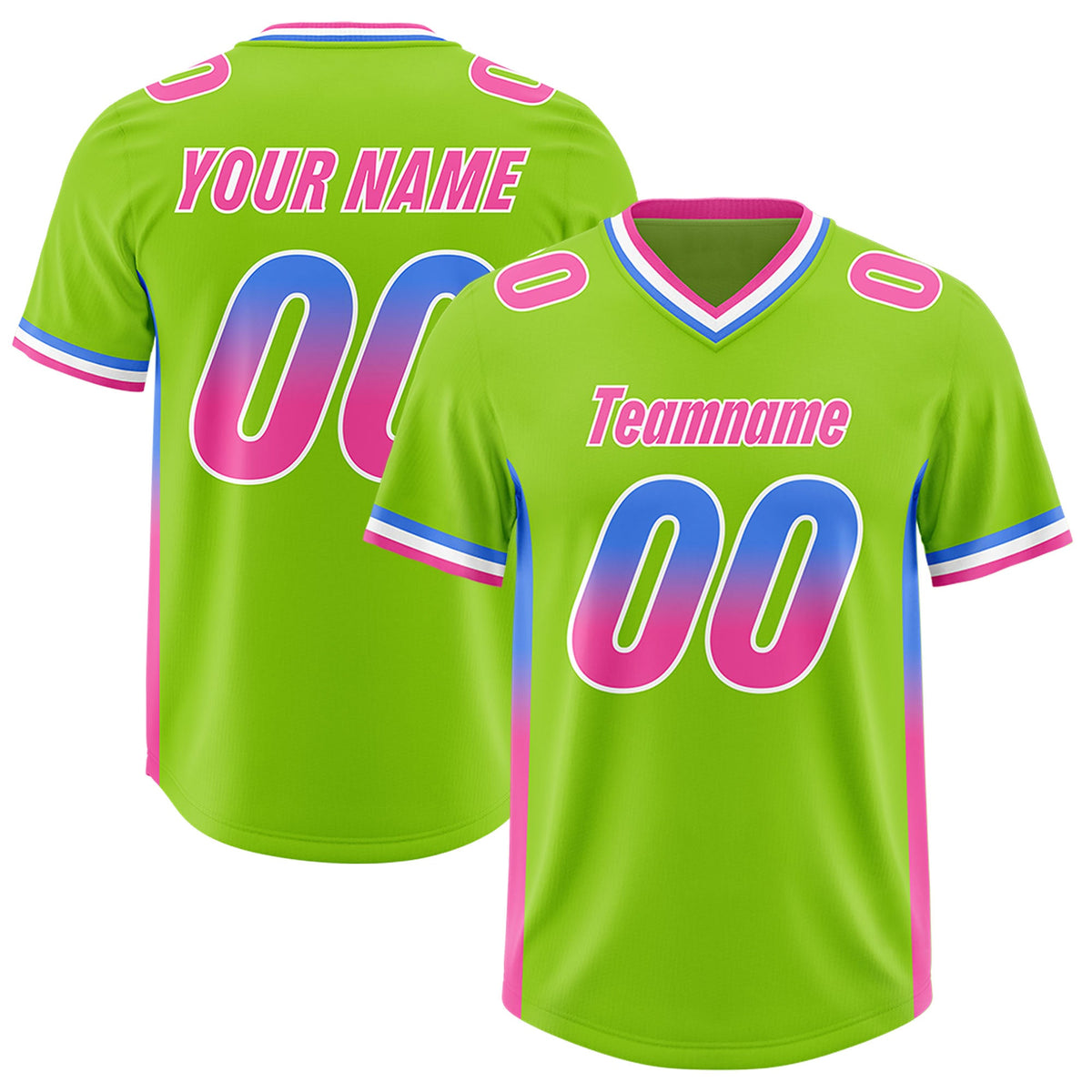 Custom Neon Green Powder Blue and Pink Sides Gradient Fashion Personalized Team Football Jersey