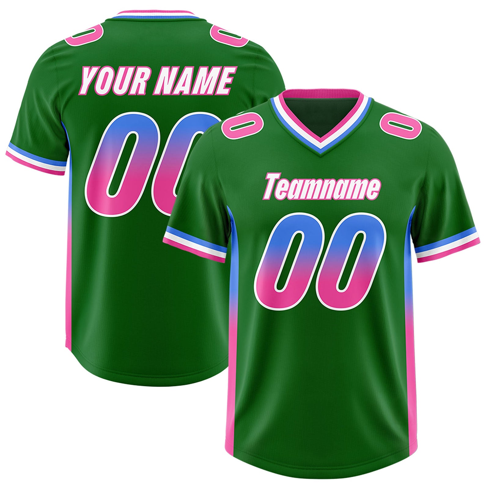 Custom Kelly Green Powder Blue and Pink Sides Gradient Fashion Personalized Team Football Jersey
