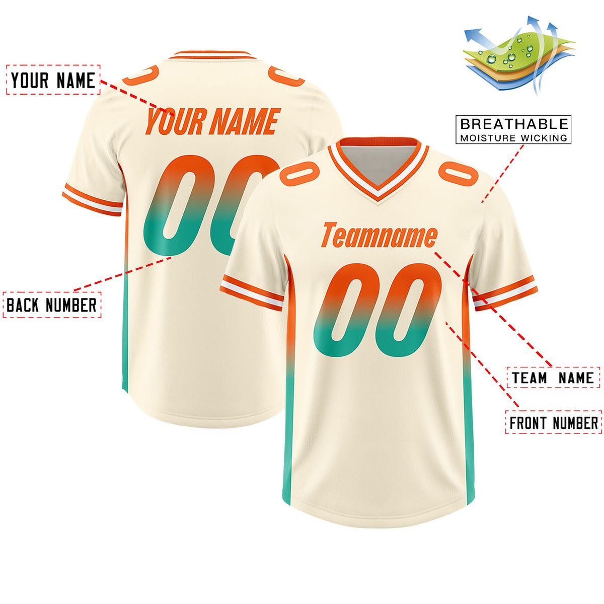 Custom Cream Orange and Bright Green Sides Gradient Fashion Personalized Team Football Jersey
