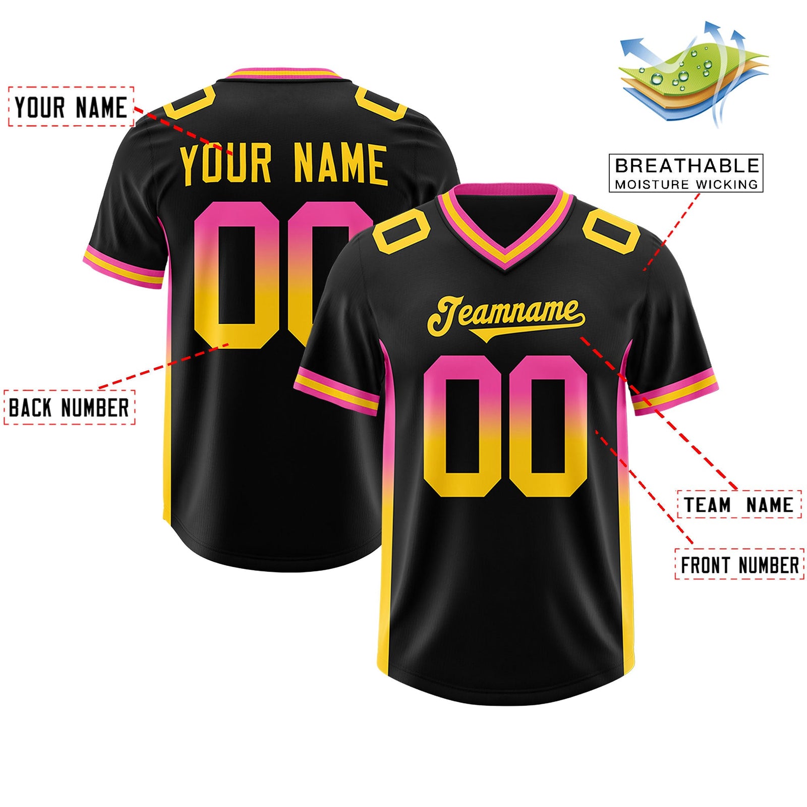 Custom Black Pink and Gold Sides Gradient Fashion Personalized Team Football Jersey
