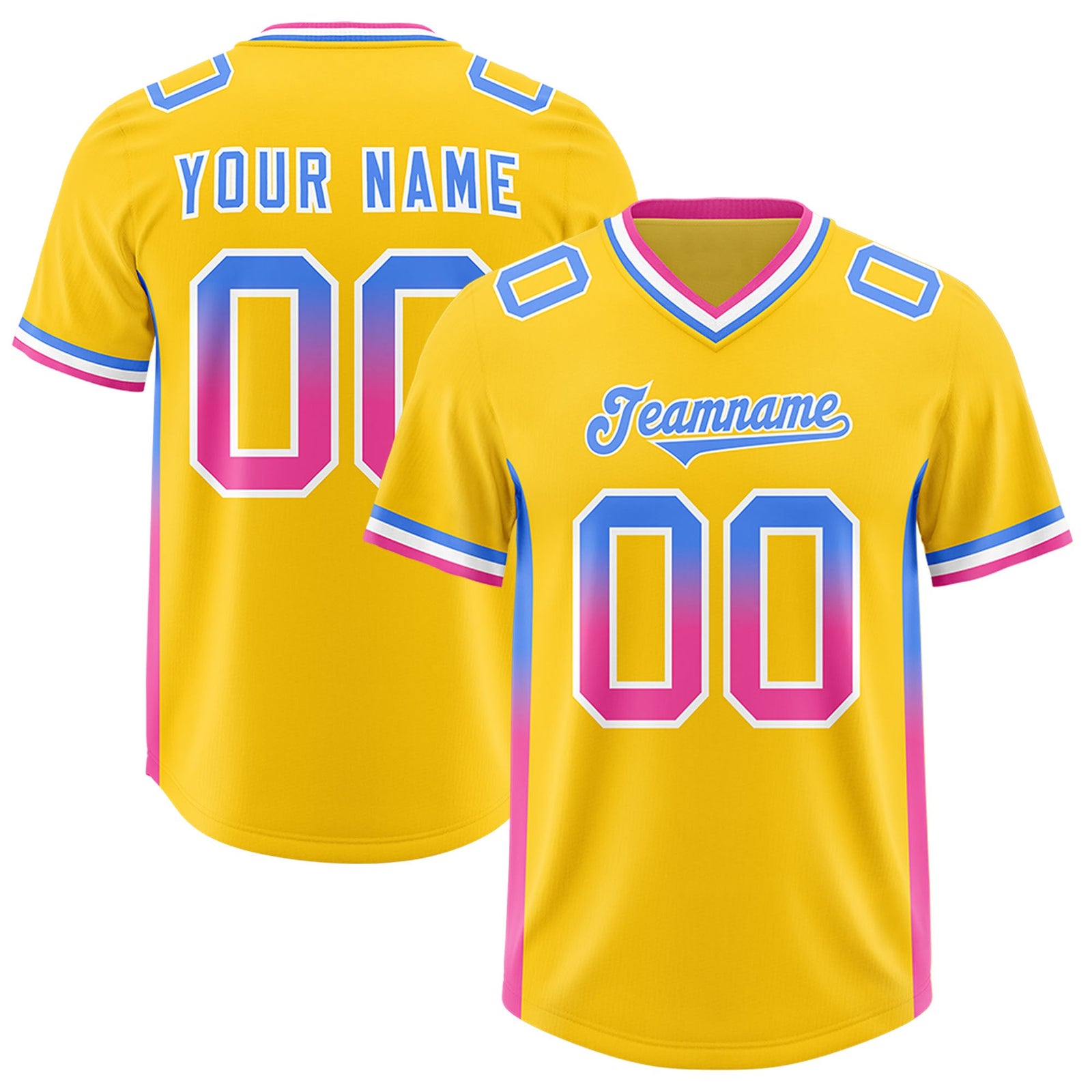 Custom Gold Powder Blue and Pink Sides Gradient Fashion Personalized Team Football Jersey