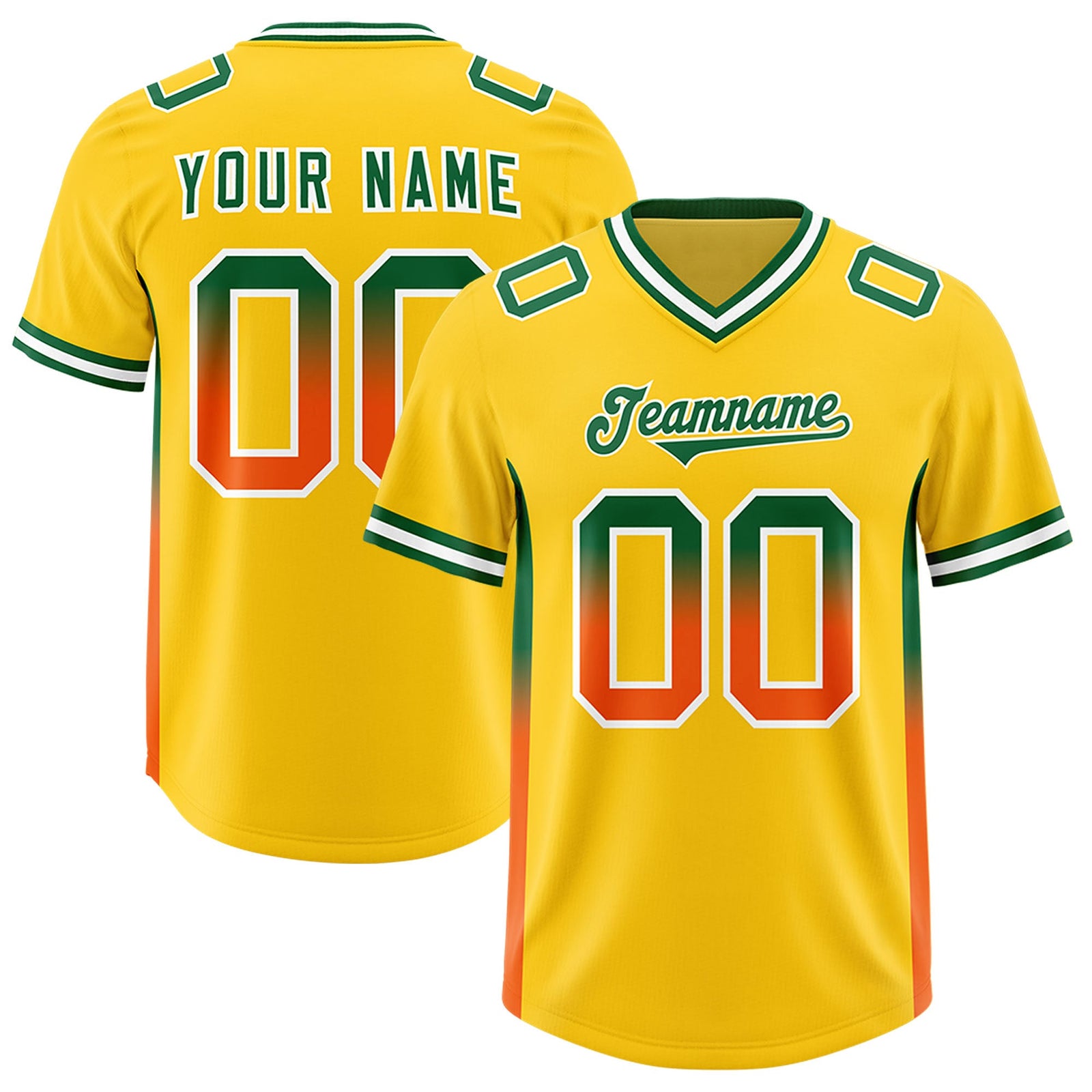 Custom Gold Kelly Green and Orange Sides Gradient Fashion Personalized Team Football Jersey