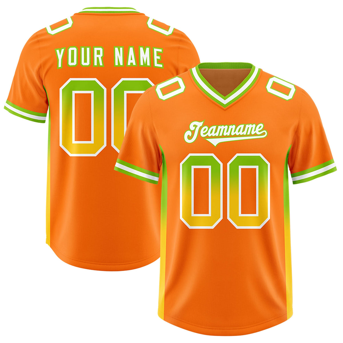 Custom Orange Neon Green and Gold Sides Gradient Fashion Personalized Team Football Jersey