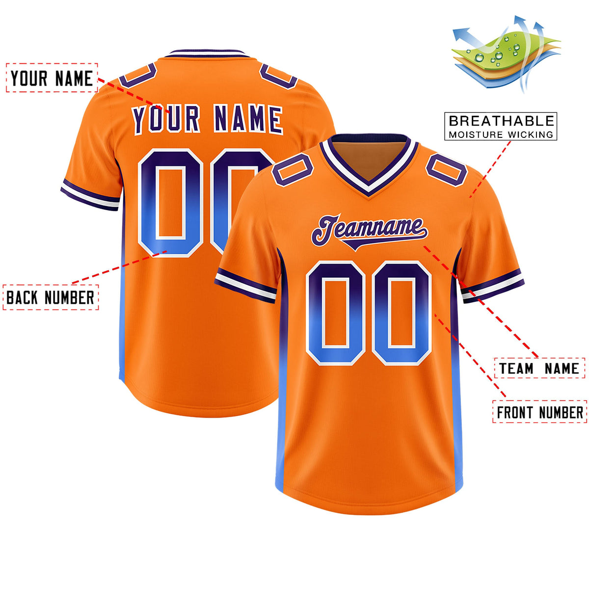 Custom Orange Purple and Powder Blue Sides Gradient Fashion Personalized Team Football Jersey