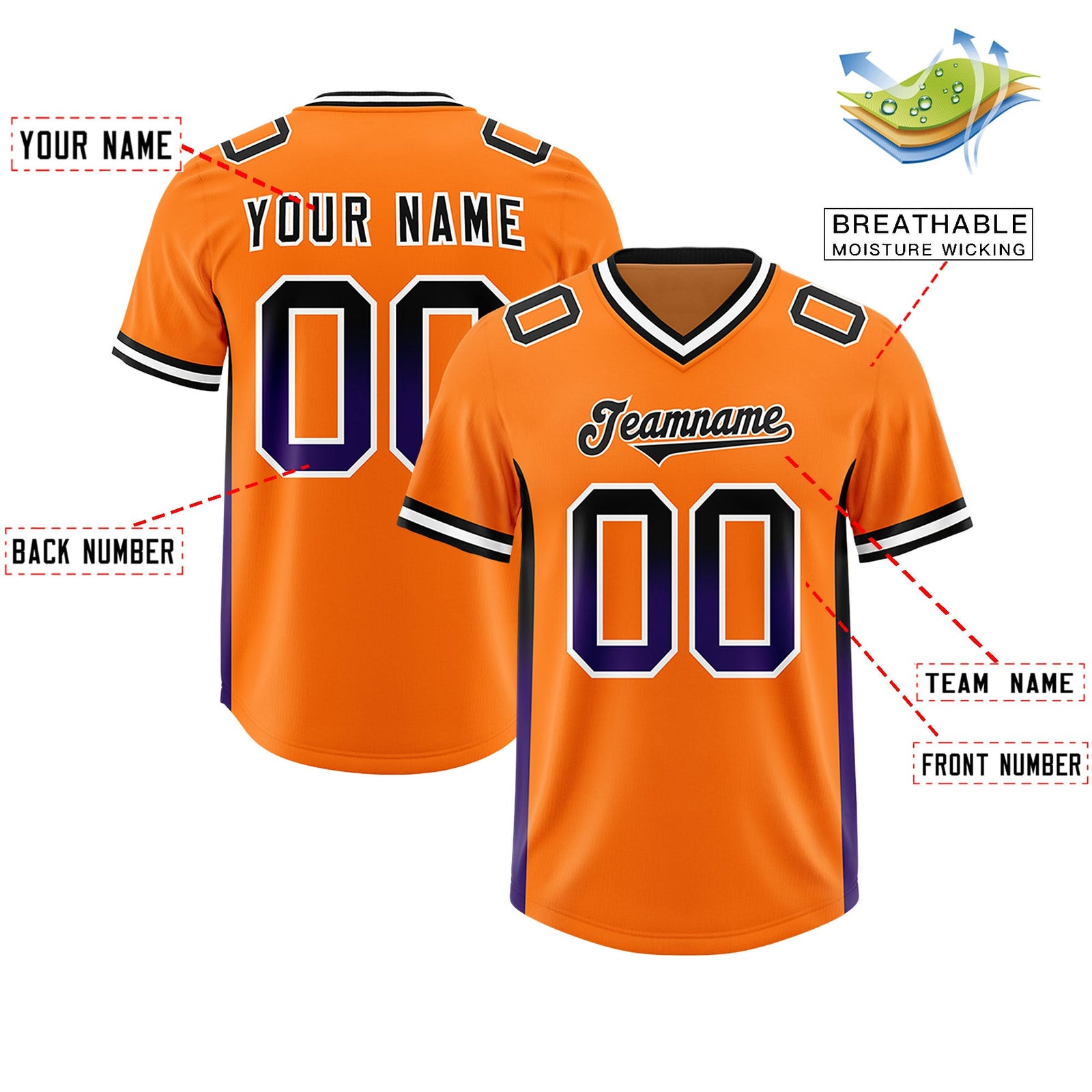 Custom Orange Black and Purple Sides Gradient Fashion Personalized Team Football Jersey