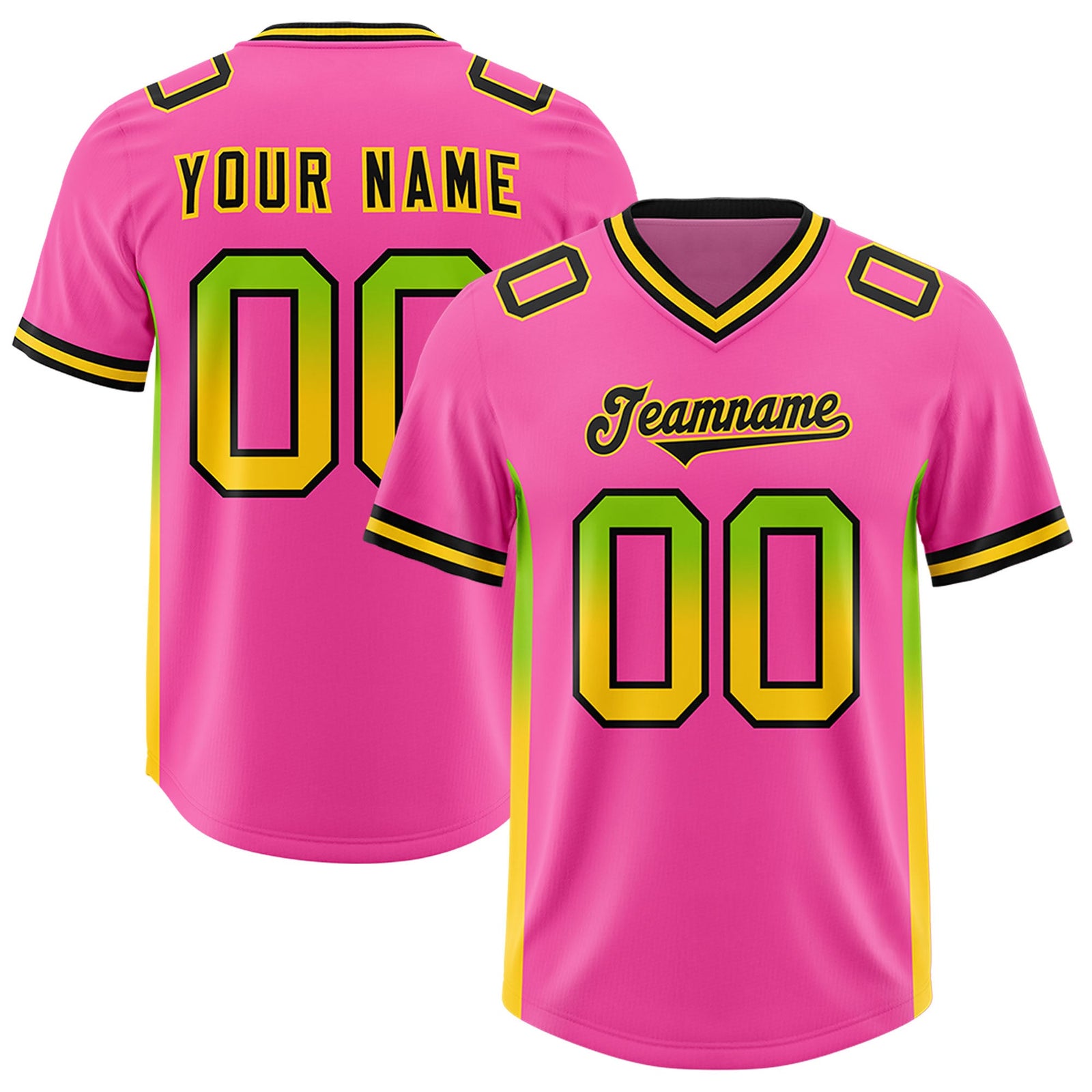 Custom Pink Neon Green and Gold Sides Gradient Fashion Personalized Team Football Jersey