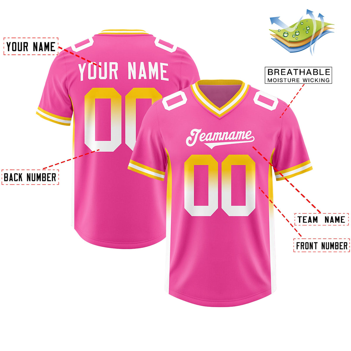 Custom Pink Gold Sides Gradient Fashion Personalized Team Football Jersey