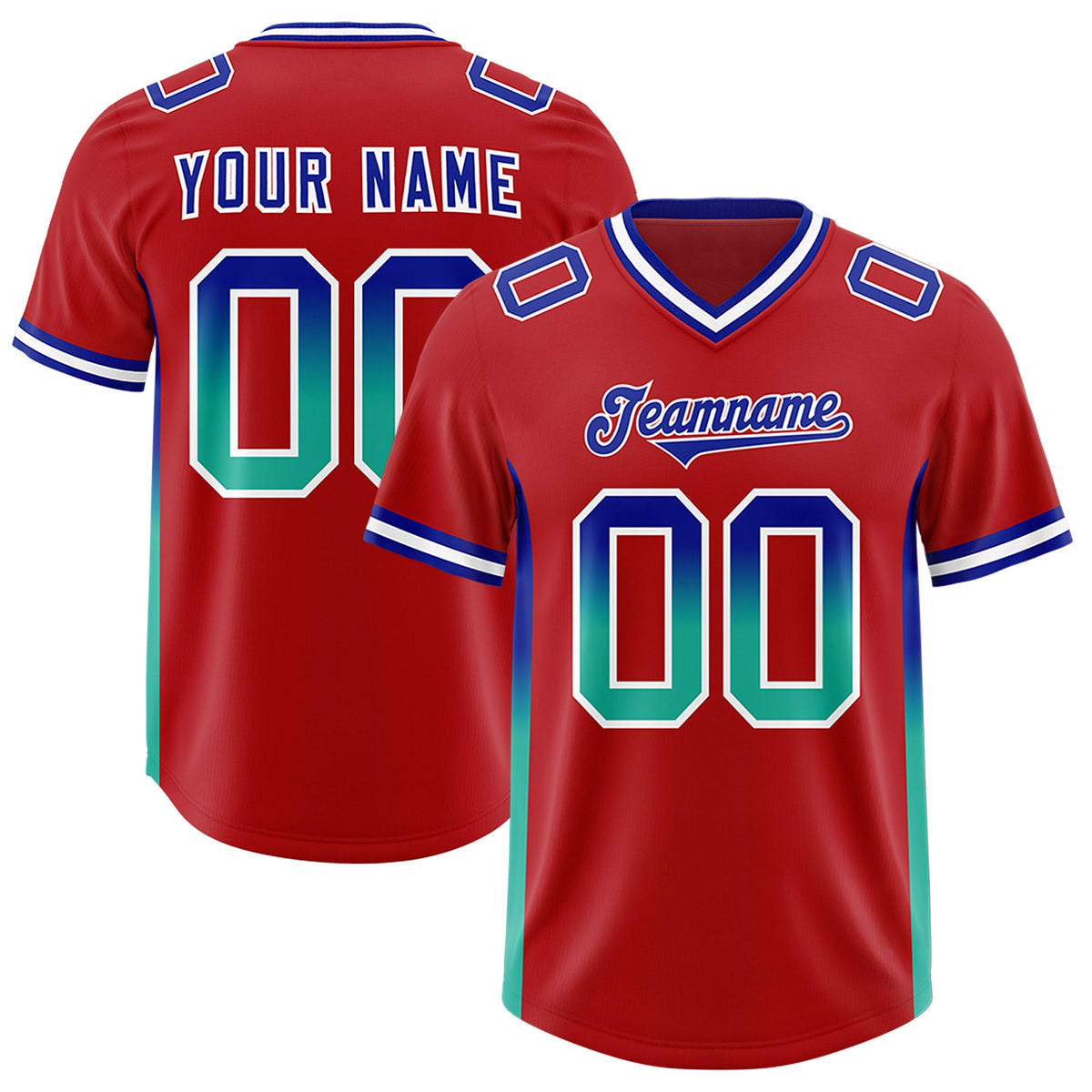 Custom Red Royal and Bright Green Sides Gradient Fashion Personalized Team Football Jersey