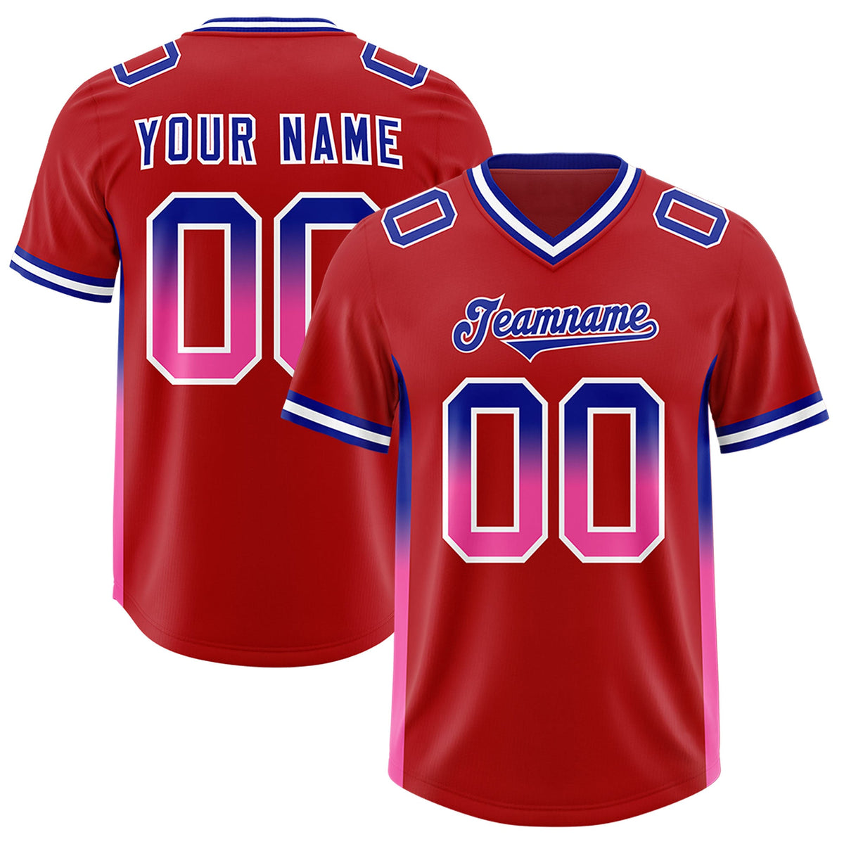Custom Red Royal and Pink Sides Gradient Fashion Personalized Team Football Jersey