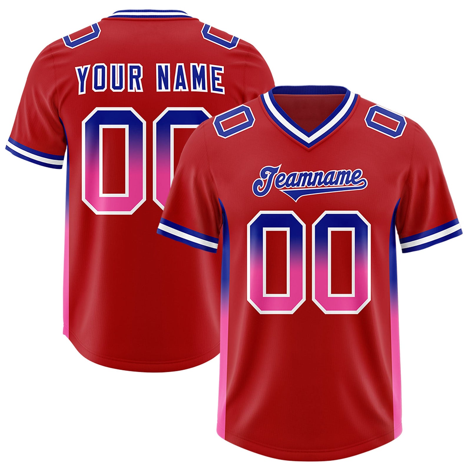Custom Red Royal and Pink Sides Gradient Fashion Personalized Team Football Jersey