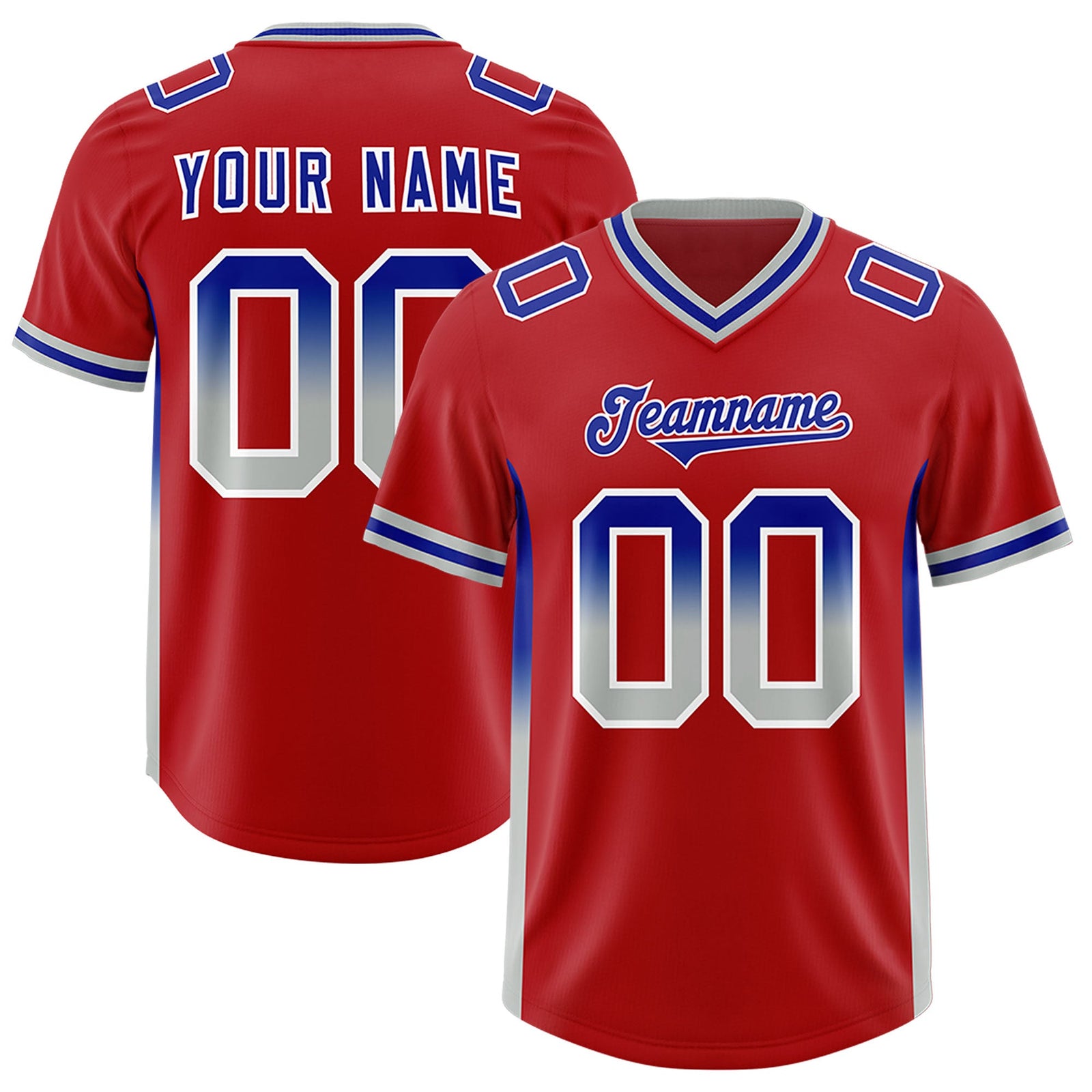 Custom Red Royal and Gray Sides Gradient Fashion Personalized Team Football Jersey