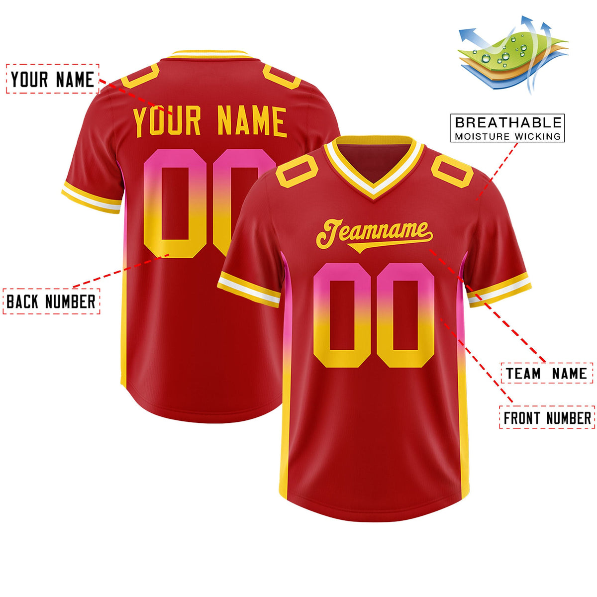 Custom Red Pink and Gold Sides Gradient Fashion Personalized Team Football Jersey