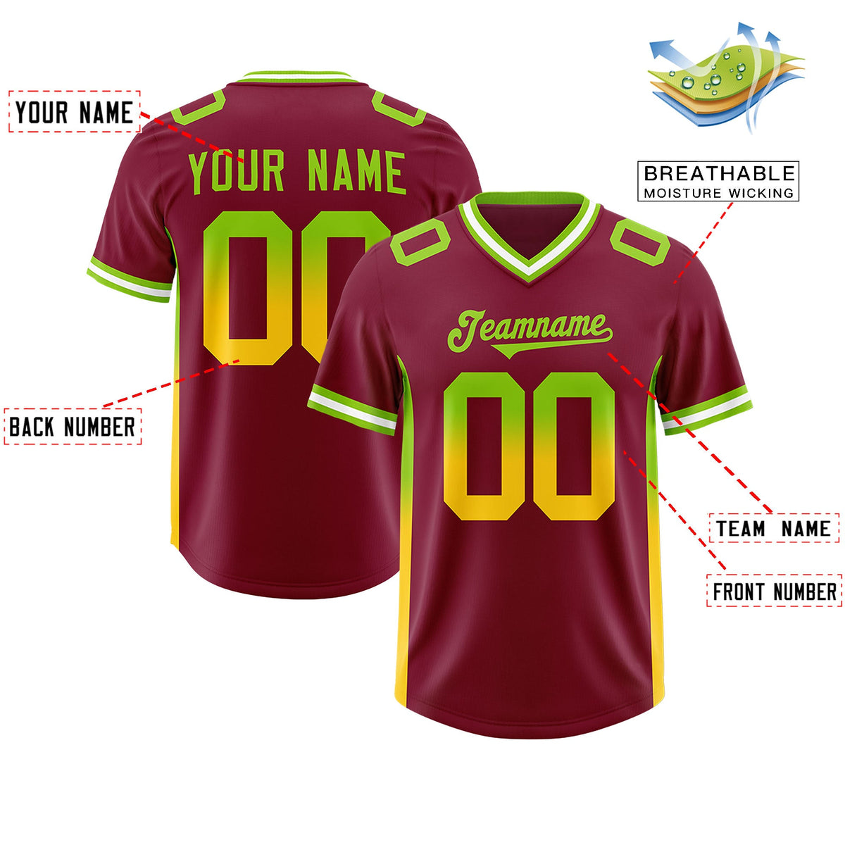 Custom Cardinal Neon Green and Gold Sides Gradient Fashion Personalized Team Football Jersey