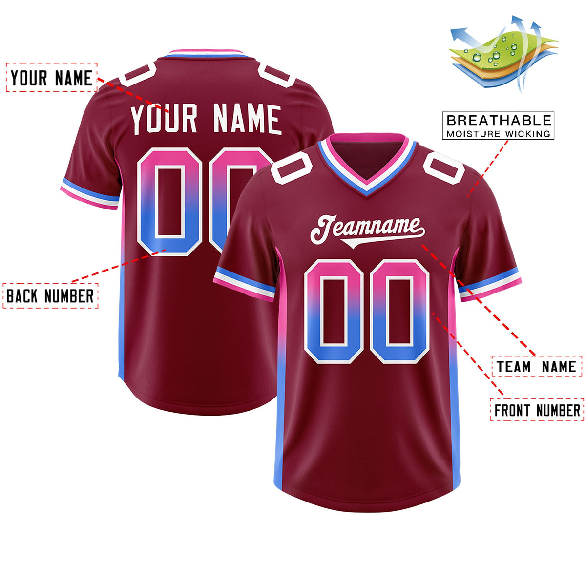 Custom Cardinal Pink and Powder Blue Sides Gradient Fashion Personalized Team Football Jersey