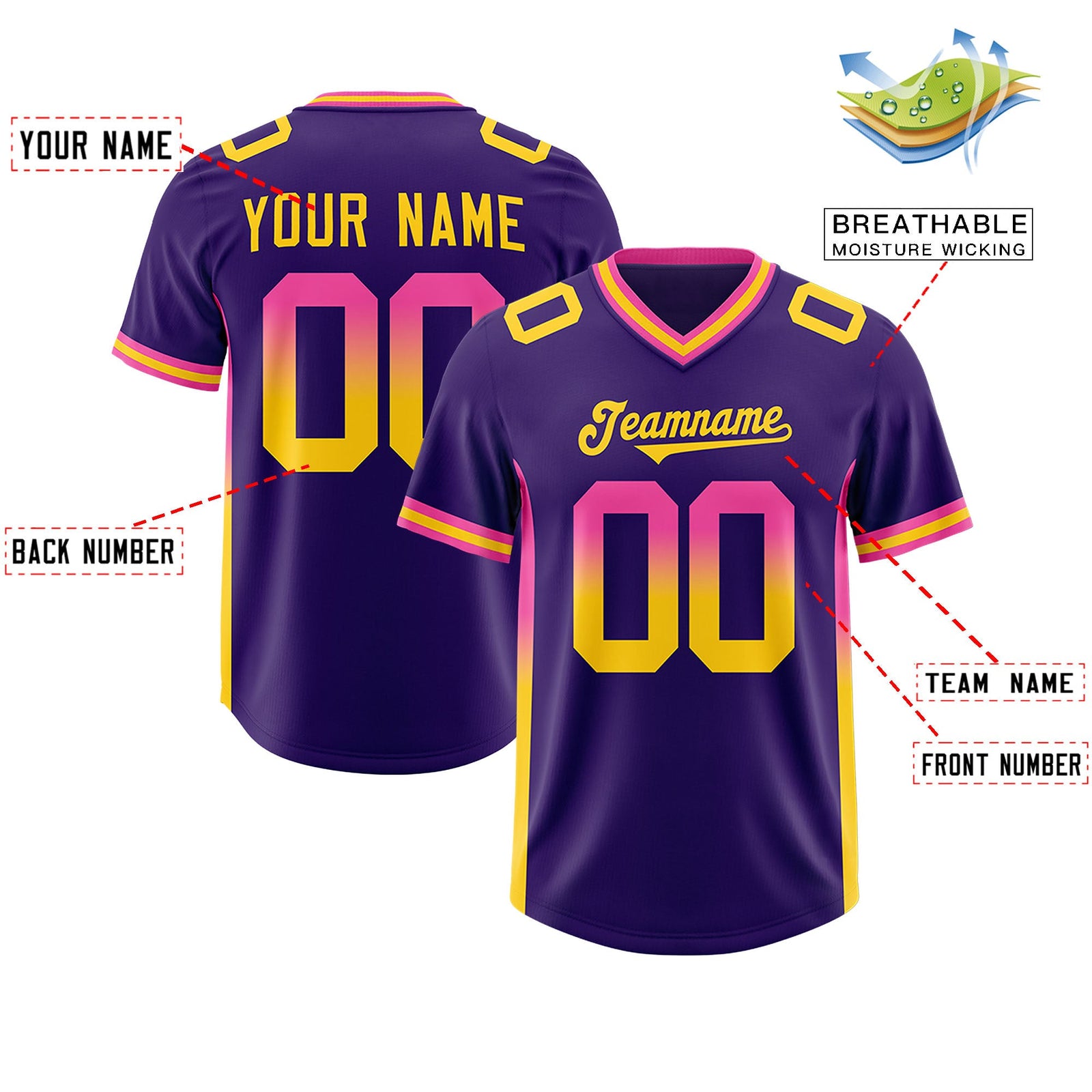 Custom Purple Pink and Gold Sides Gradient Fashion Personalized Team Football Jersey