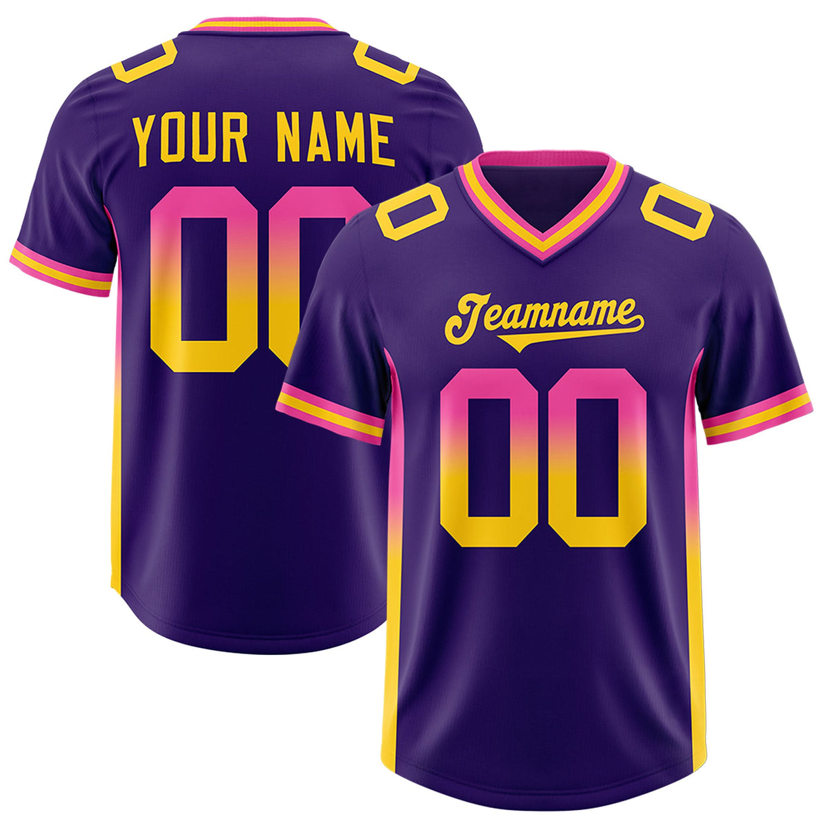 Custom Purple Pink and Gold Sides Gradient Fashion Personalized Team Football Jersey
