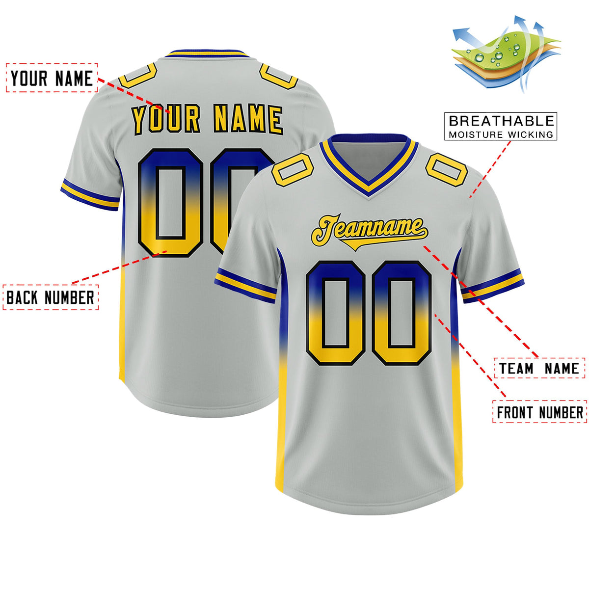 Custom Gray Royal and Gold Sides Gradient Fashion Personalized Team Football Jersey