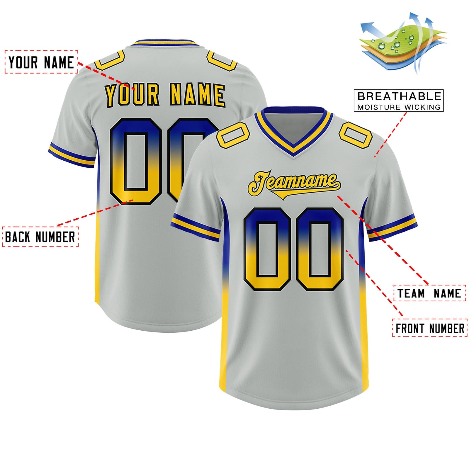 Custom Gray Royal and Gold Sides Gradient Fashion Personalized Team Football Jersey