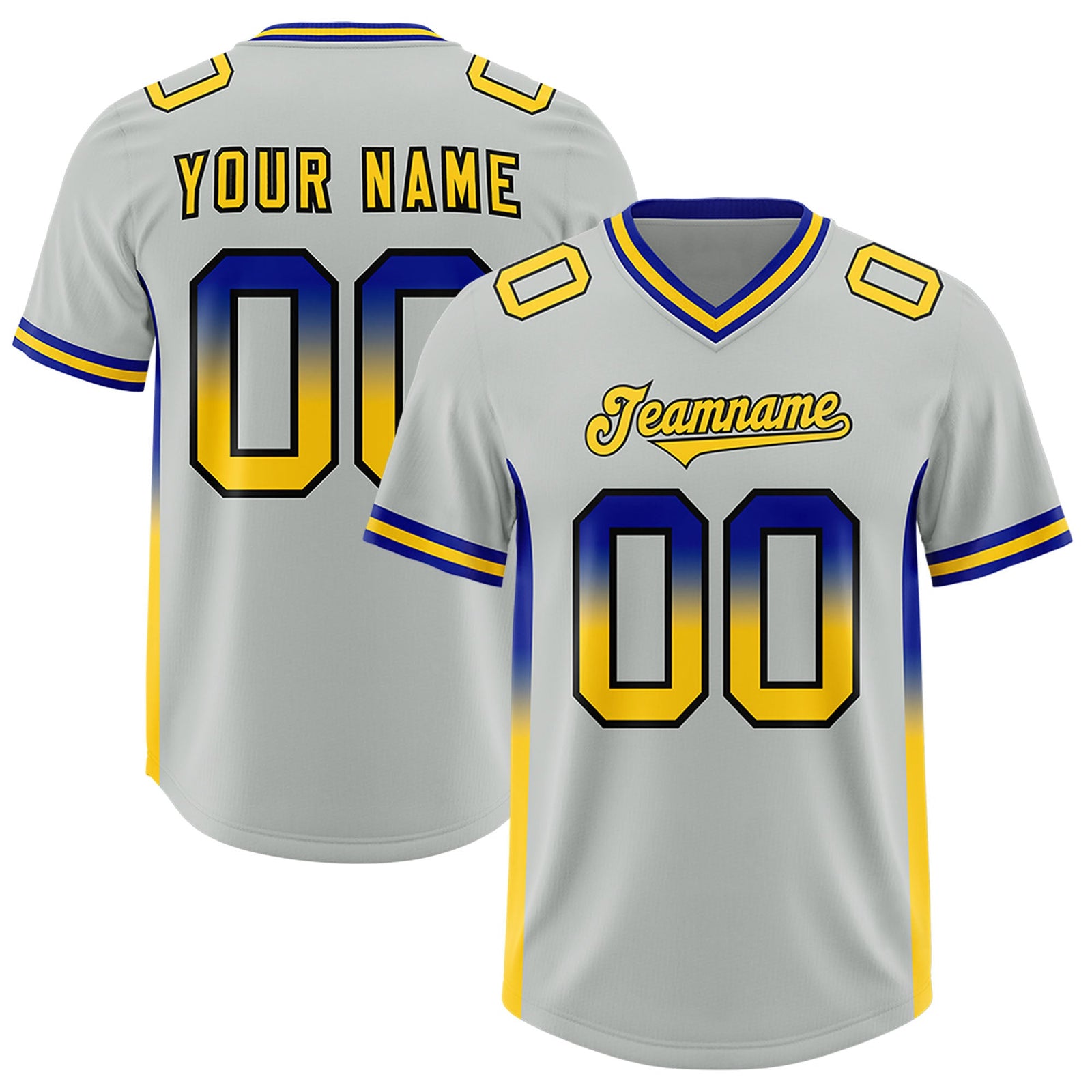 Custom Gray Royal and Gold Sides Gradient Fashion Personalized Team Football Jersey