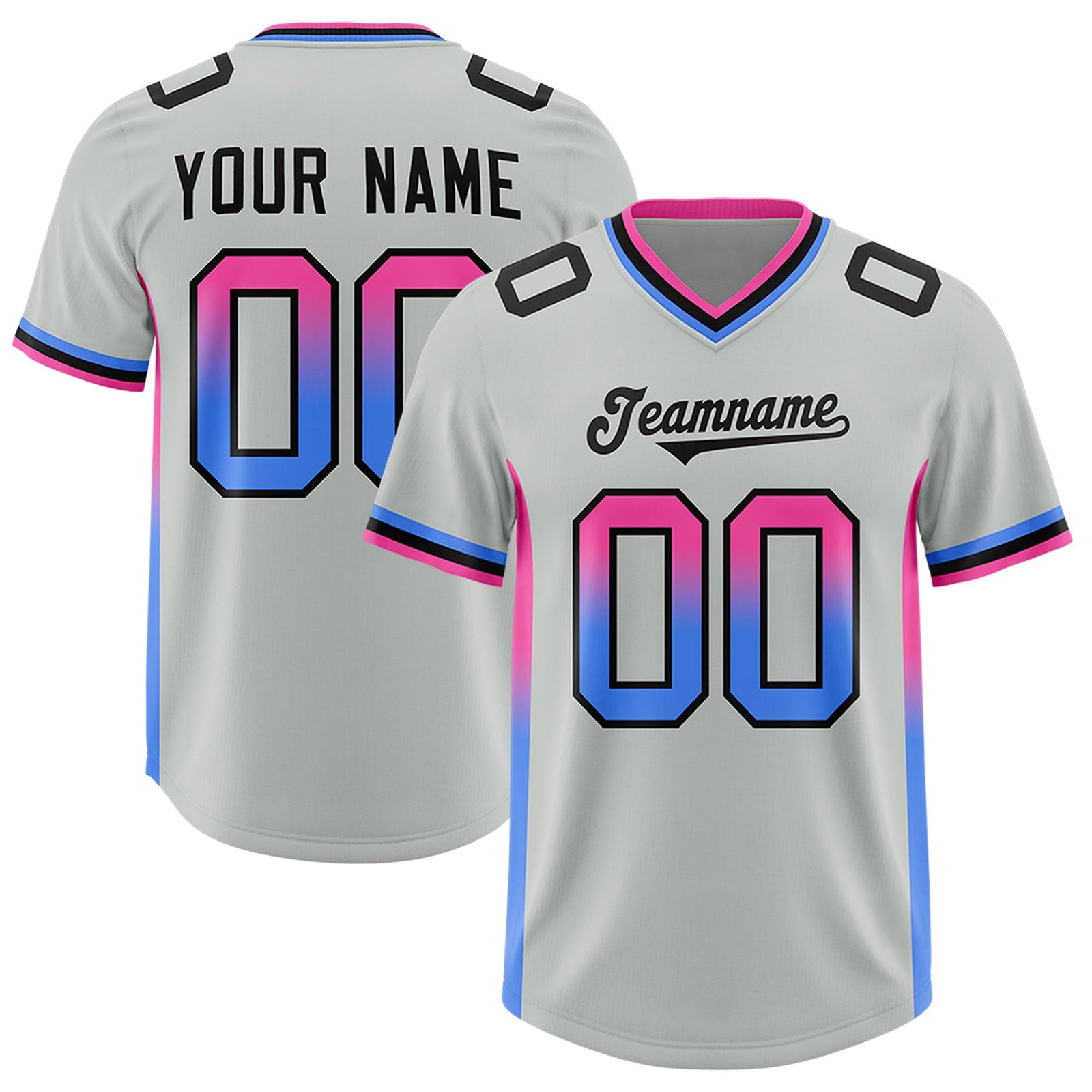 Custom Gray Pink and Powder Blue Sides Gradient Fashion Personalized Team Football Jersey