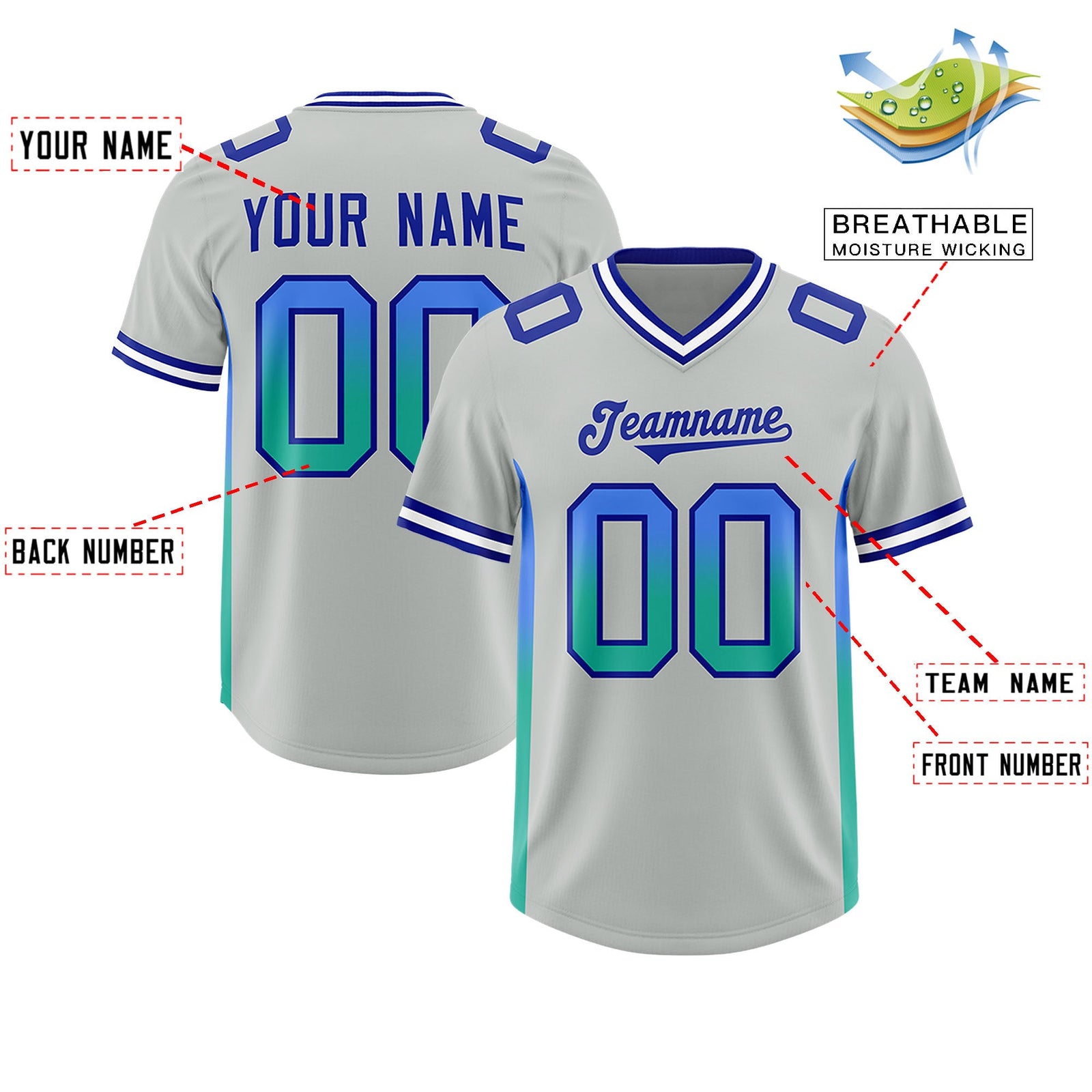 Custom Gray Powder Blue and Bright Green Sides Gradient Fashion Personalized Team Football Jersey