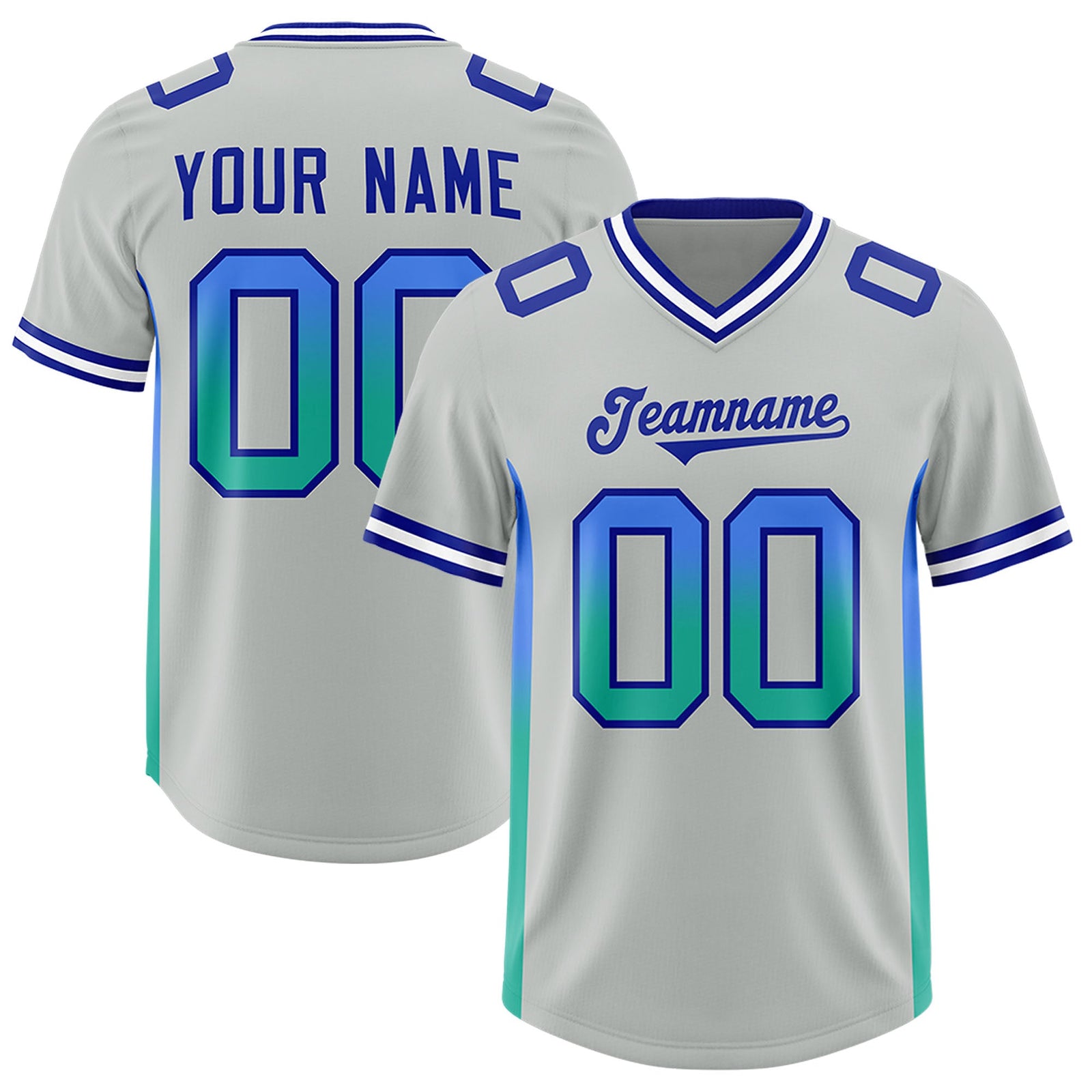 Custom Gray Powder Blue and Bright Green Sides Gradient Fashion Personalized Team Football Jersey