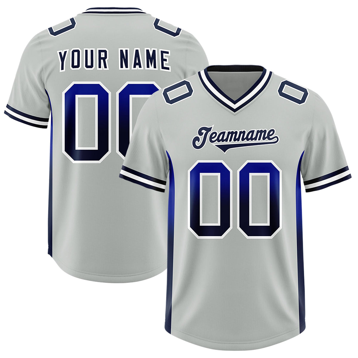 Custom Gray Royal and Navy Sides Gradient Fashion Personalized Team Football Jersey