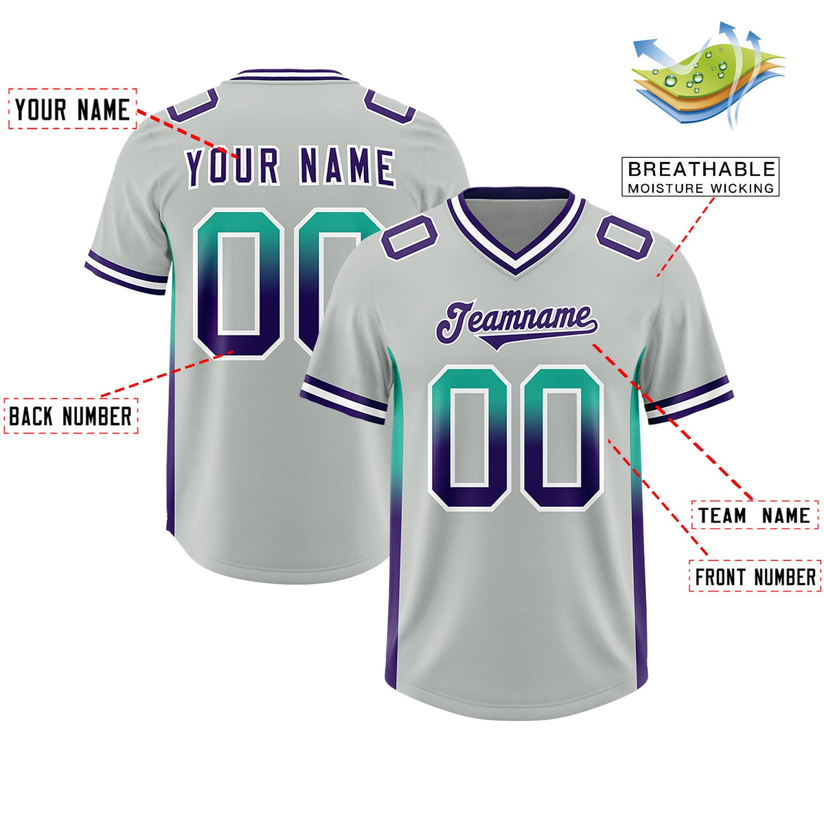 Custom Gray Bright Green and Purple Sides Gradient Fashion Personalized Team Football Jersey