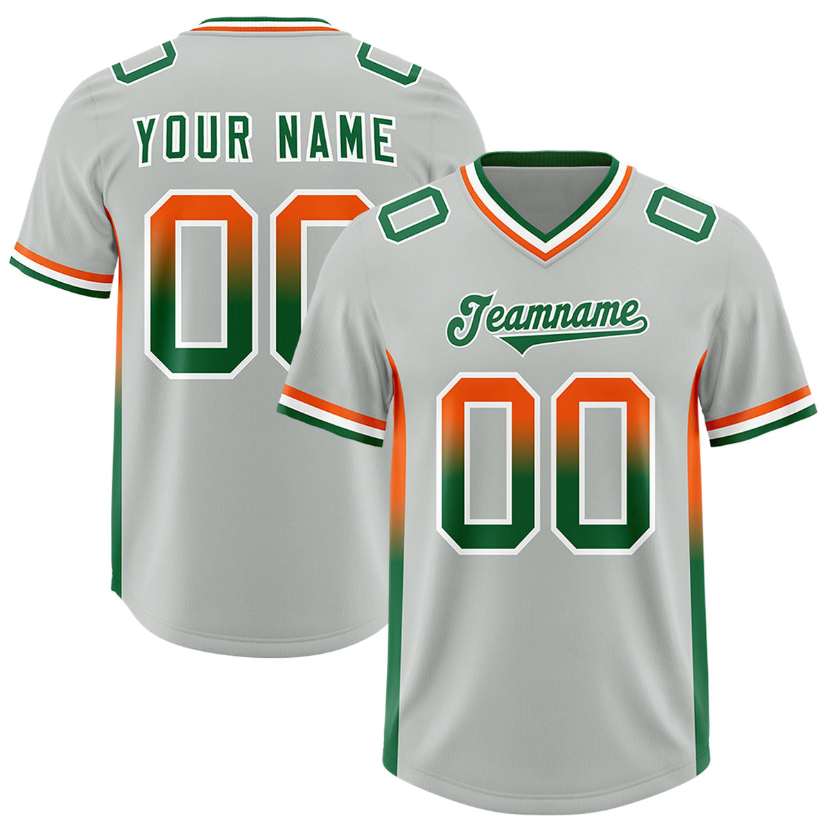 Custom Gray Orange and Kelly Green Sides Gradient Fashion Personalized Team Football Jersey