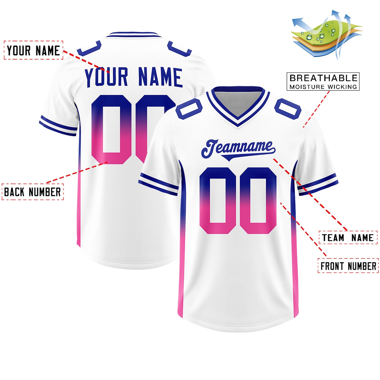 Custom White Royal and Pink Sides Gradient Fashion Personalized Team Football Jersey