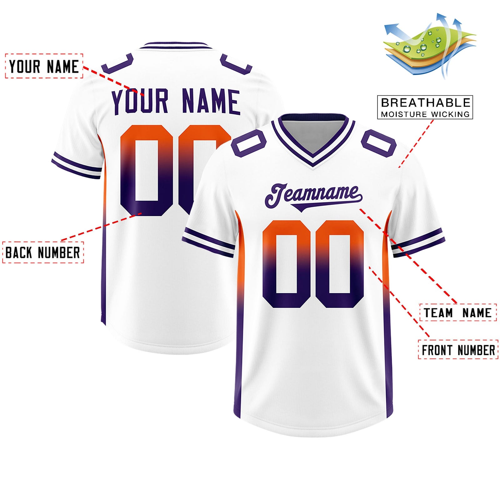 Custom White Orange and Purple Sides Gradient Fashion Personalized Team Football Jersey