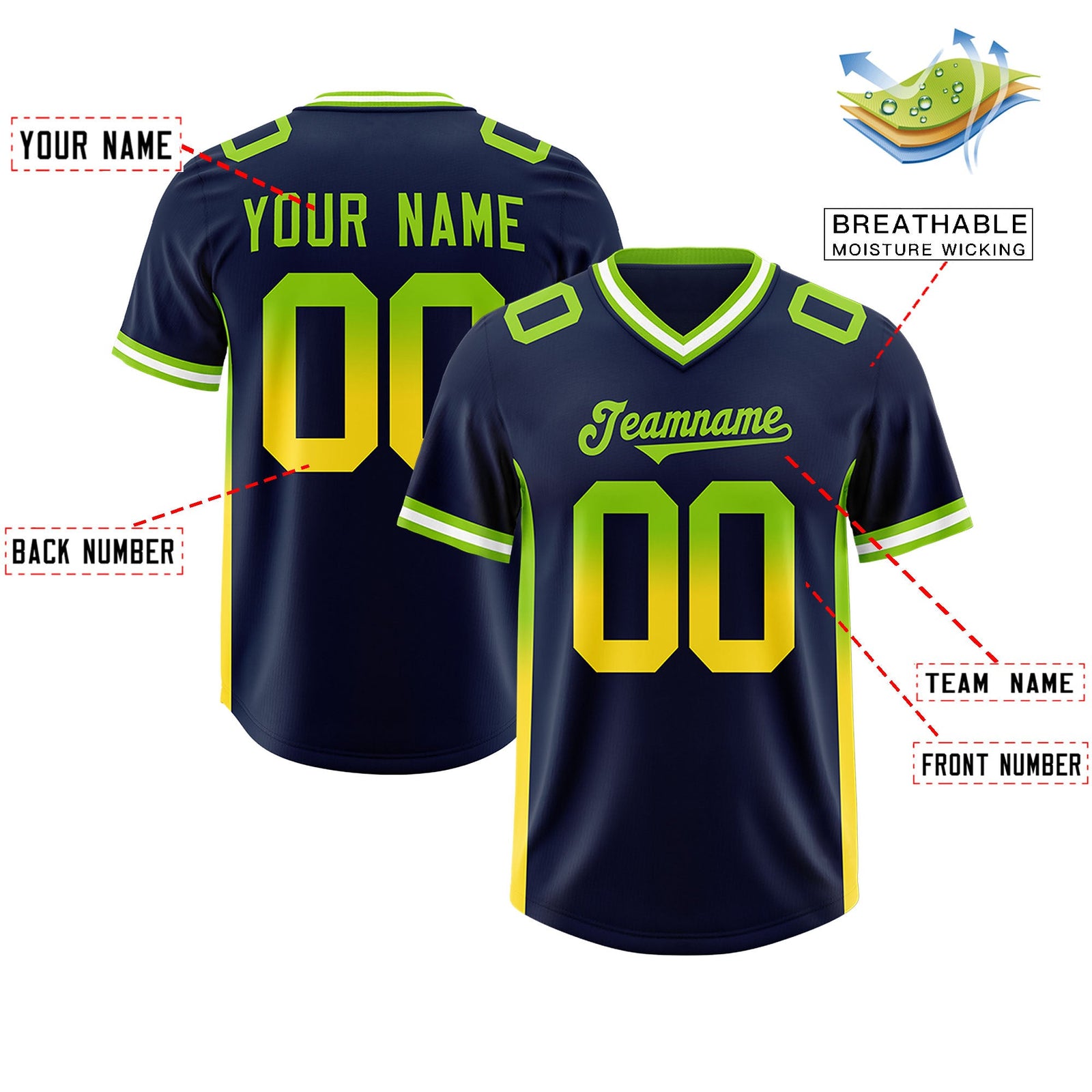 Custom Navy Neon Green and Gold Sides Gradient Fashion Personalized Team Football Jersey
