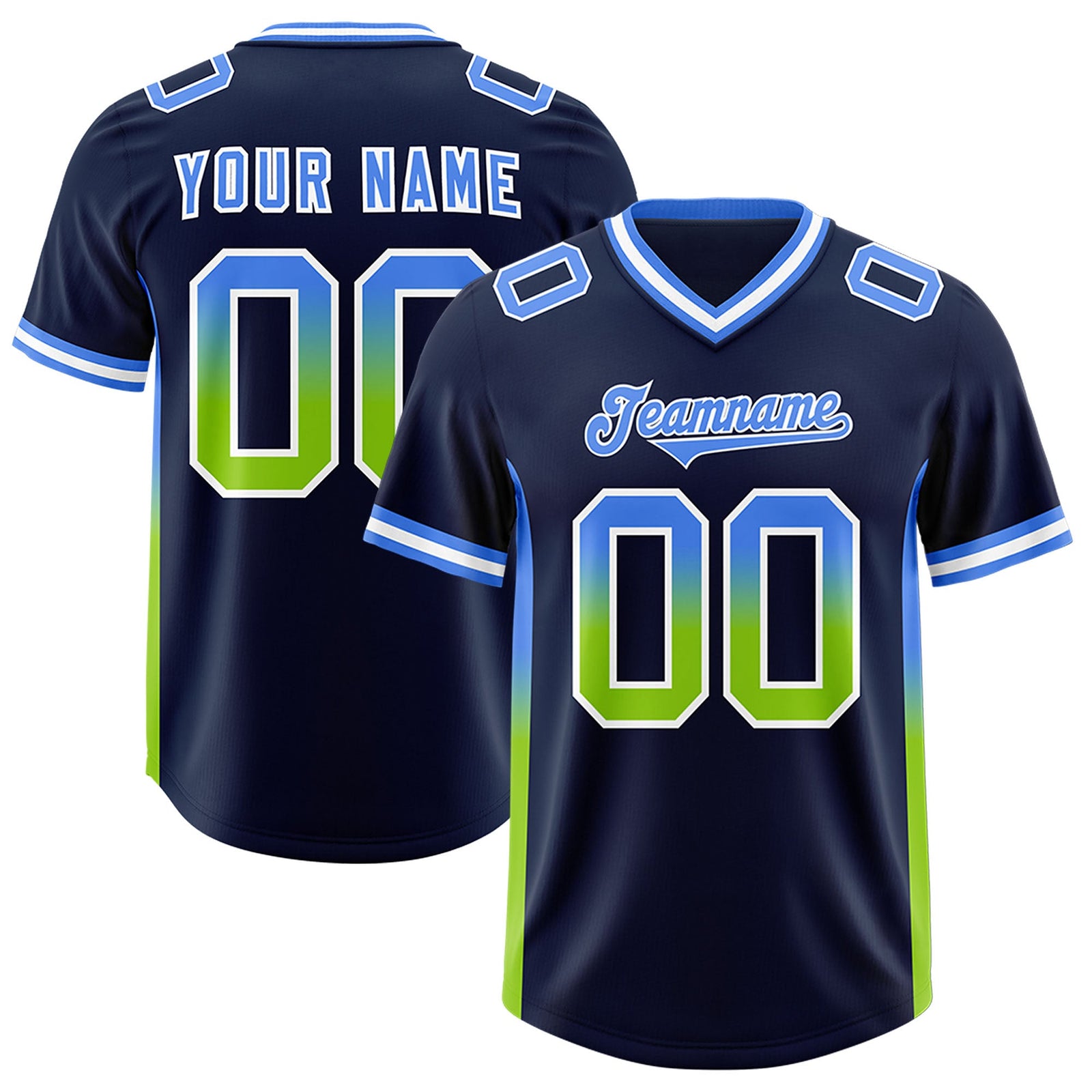 Custom Navy Powder Blue and Neon Green Sides Gradient Fashion Personalized Team Football Jersey