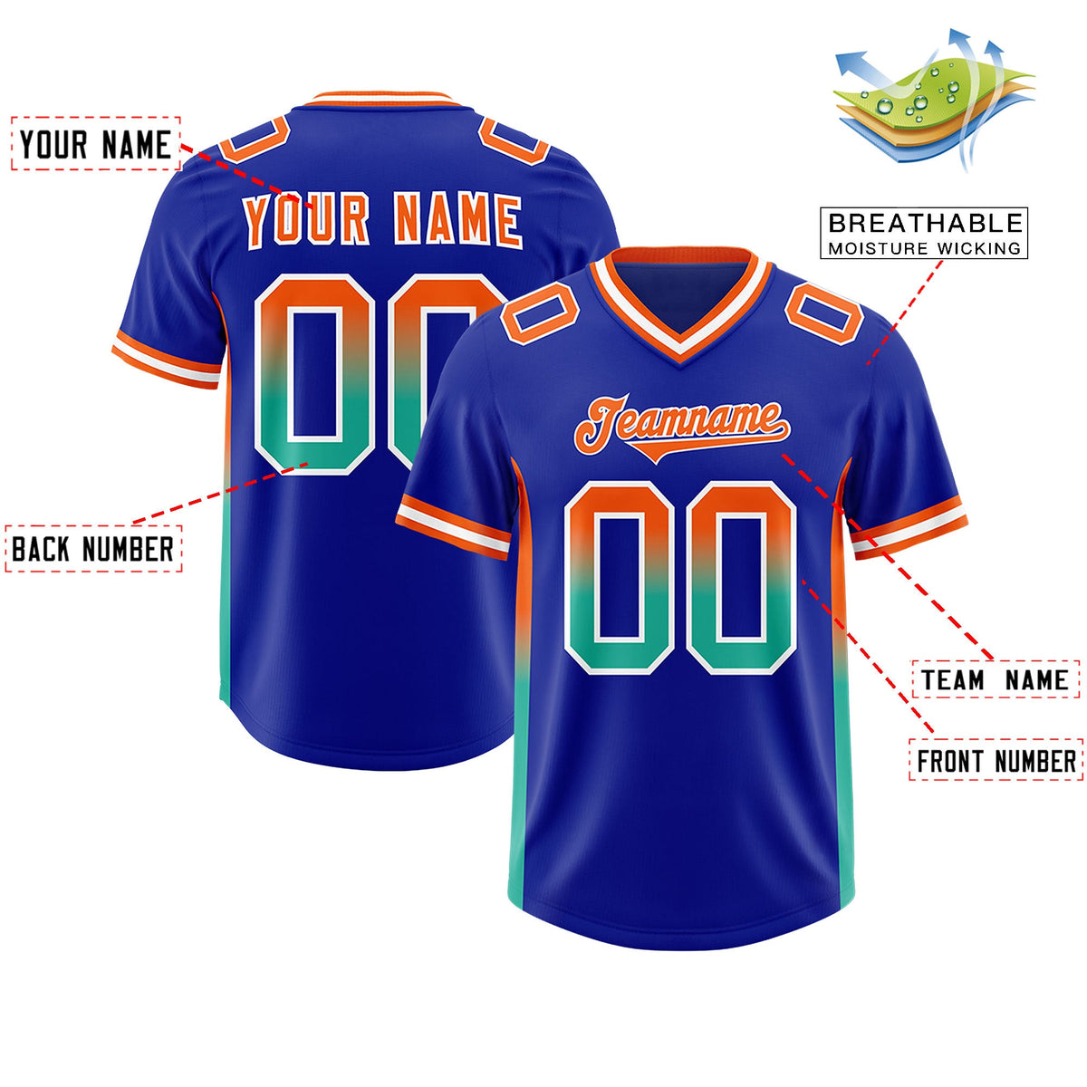 Custom Royal Orange and Bright Green Sides Gradient Fashion Personalized Team Football Jersey