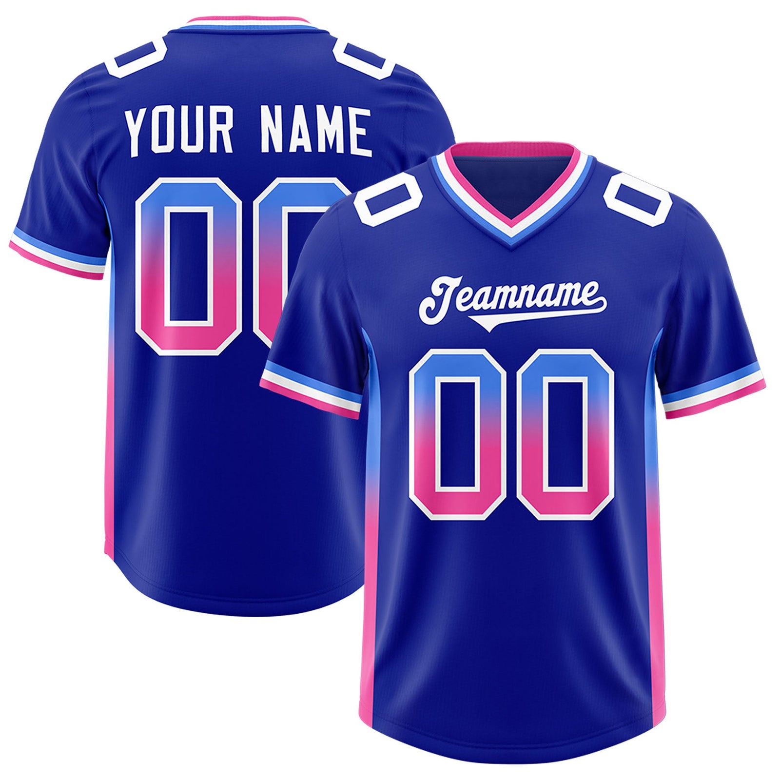 Custom Royal Powder Blue and Pink Sides Gradient Fashion Personalized Team Football Jersey