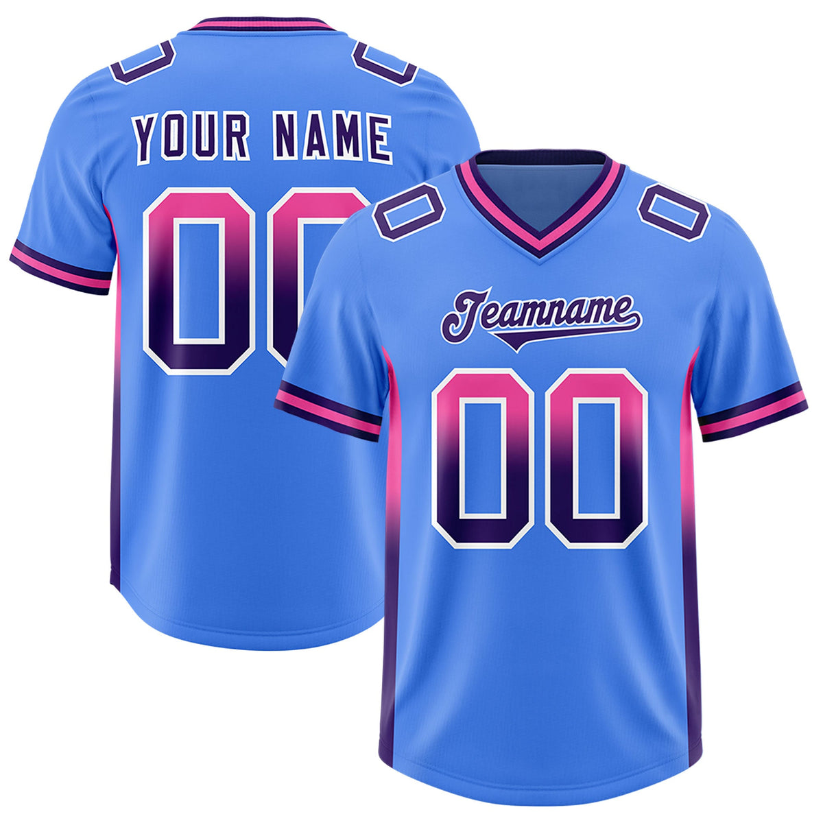 Custom Powder Blue Pink and Purple Sides Gradient Fashion Personalized Team Football Jersey